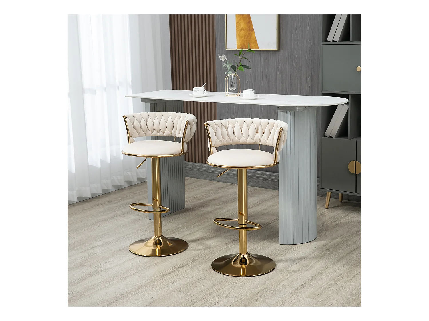 Lot de 2 tabourets de bar pivotants avec dossier, réglables en hauteur – Velours ivoire