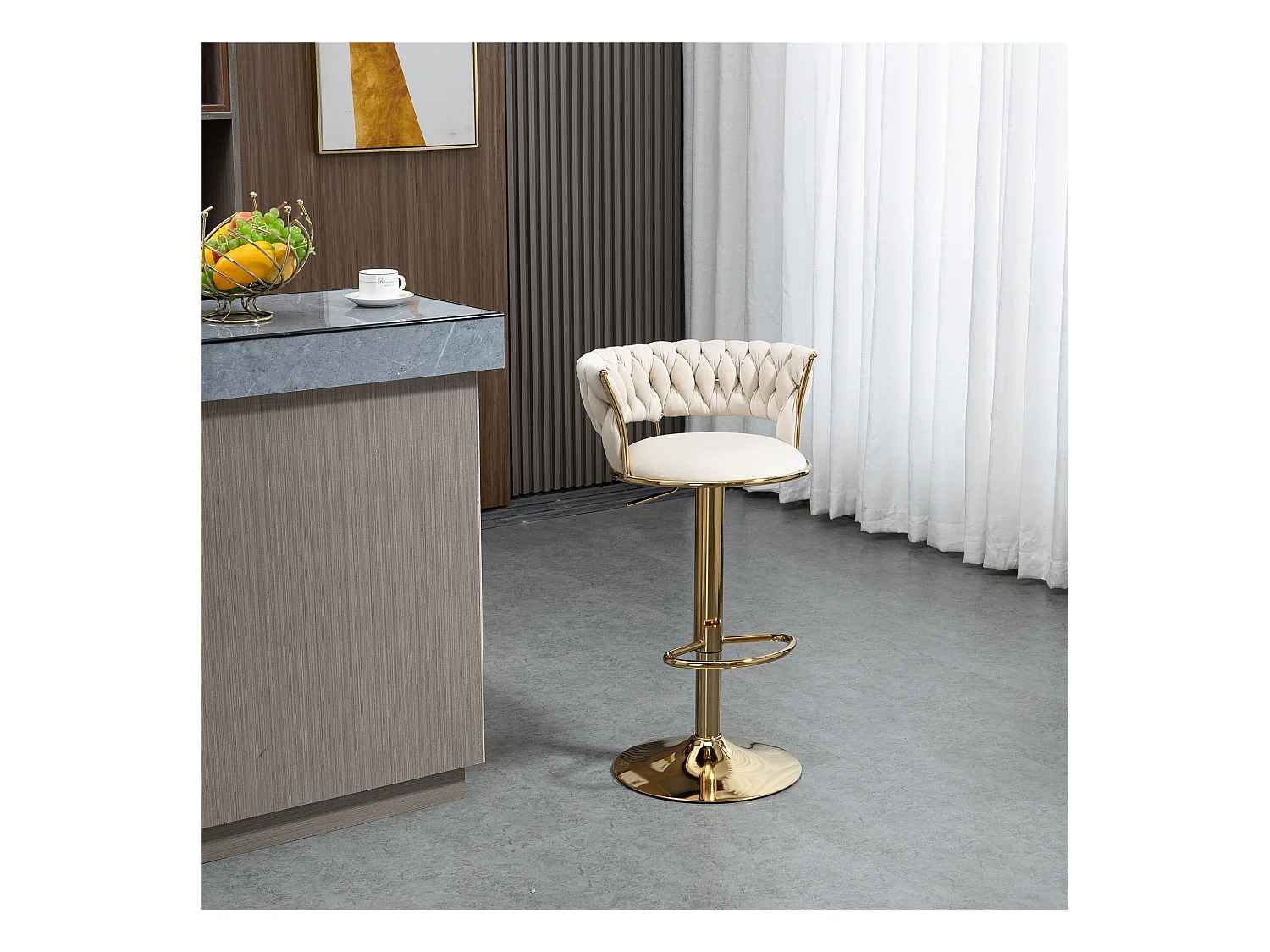 Lot de 2 tabourets de bar pivotants avec dossier, réglables en hauteur – Velours ivoire