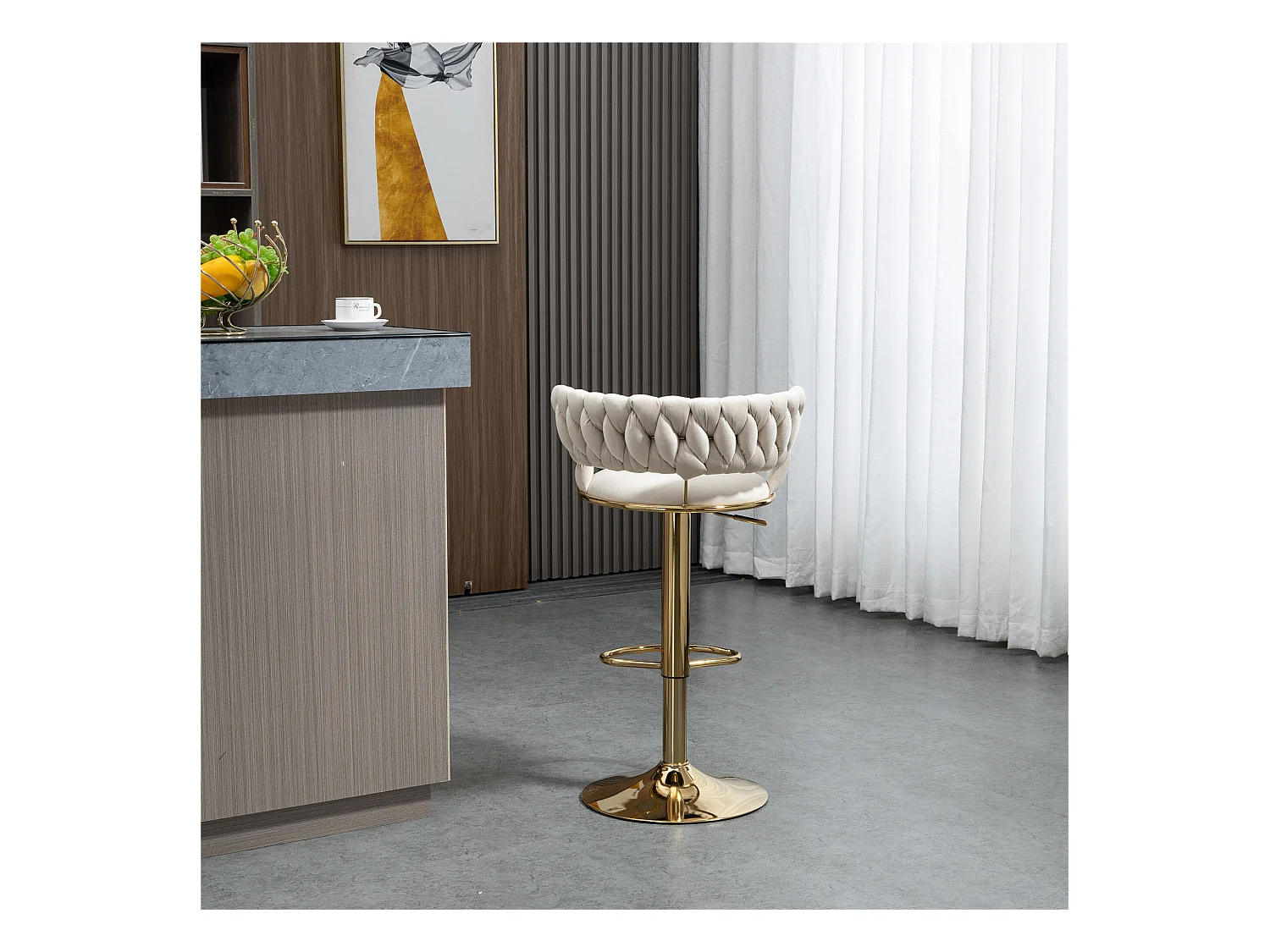 Lot de 2 tabourets de bar pivotants avec dossier, réglables en hauteur – Velours ivoire