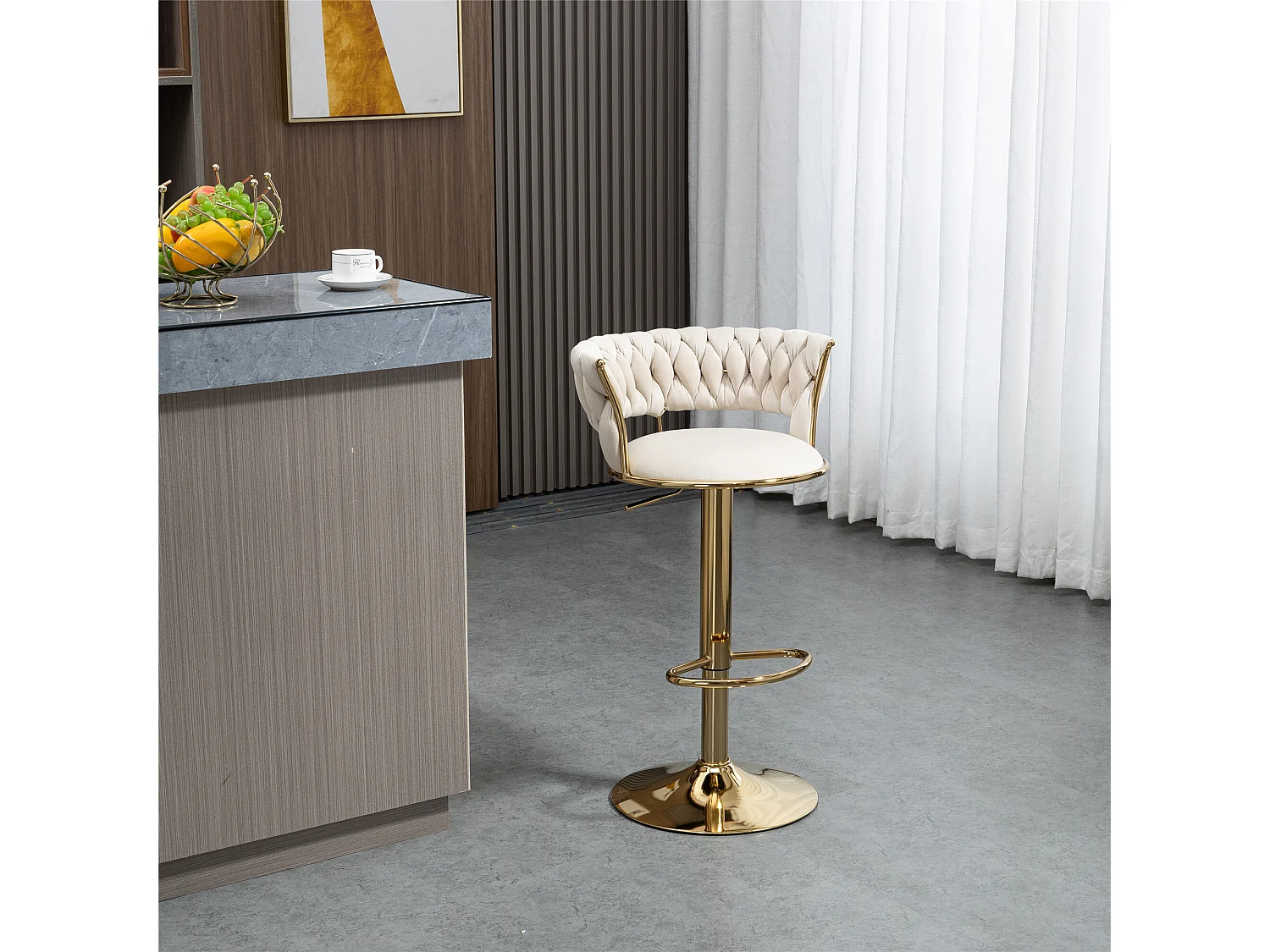 Lot de 2 tabourets de bar pivotants avec dossier, réglables en hauteur – Velours ivoire