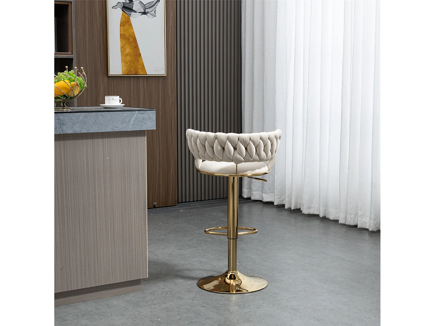 Lot de 2 tabourets de bar pivotants avec dossier, réglables en hauteur – Velours ivoire