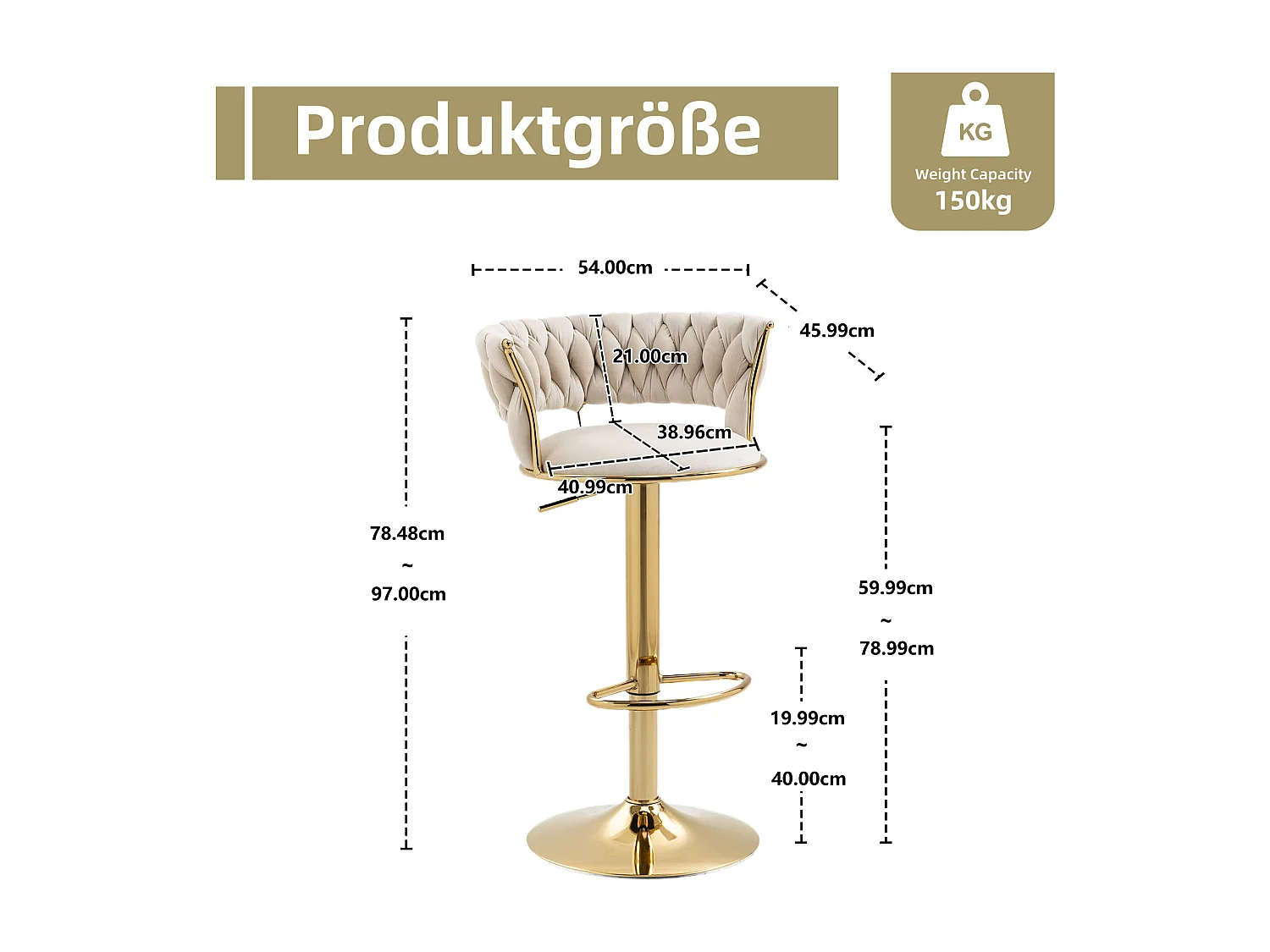 Lot de 2 tabourets de bar pivotants avec dossier, réglables en hauteur – Velours ivoire