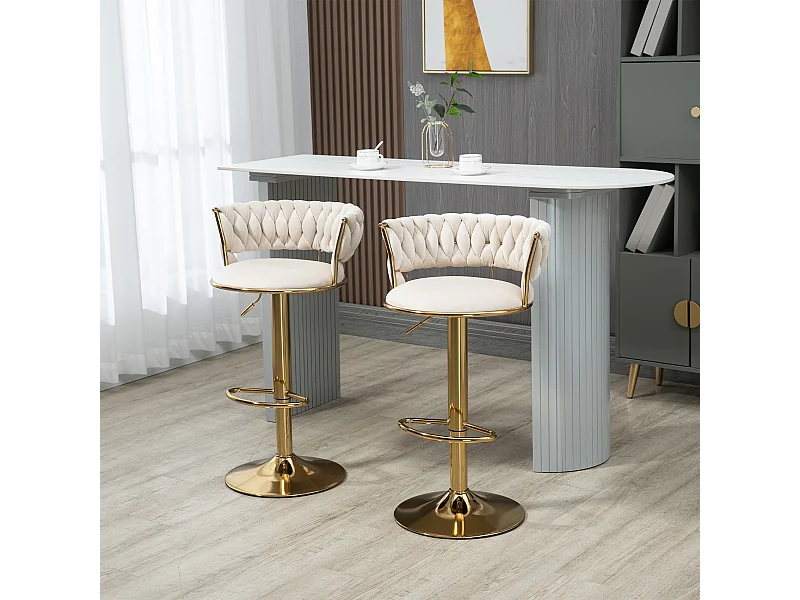 Lot de 2 tabourets de bar pivotants avec dossier, réglables en hauteur – Velours ivoire