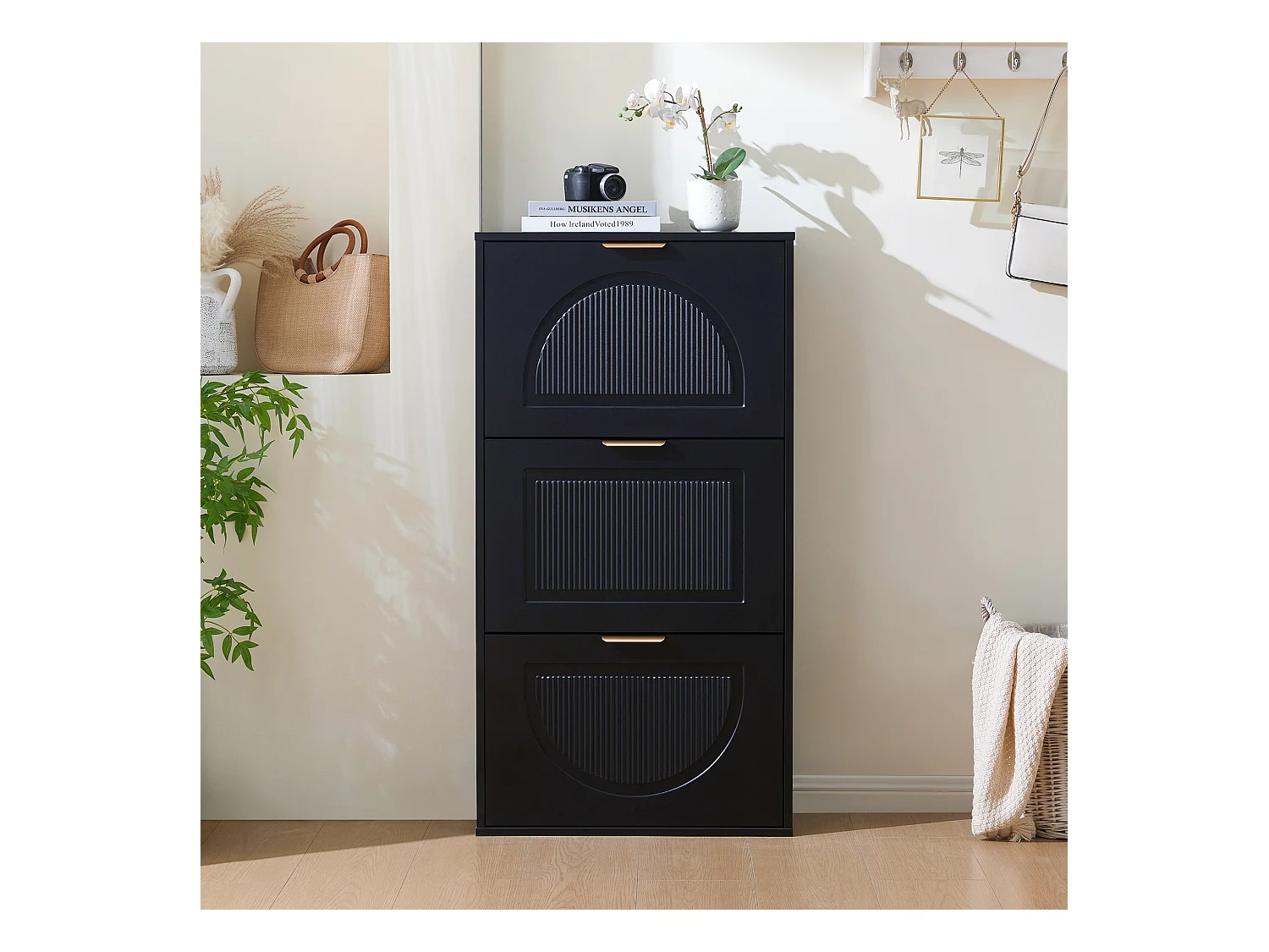 Meuble à chaussures noir avec 3 portes basculantes - pour l'entrée et couloir