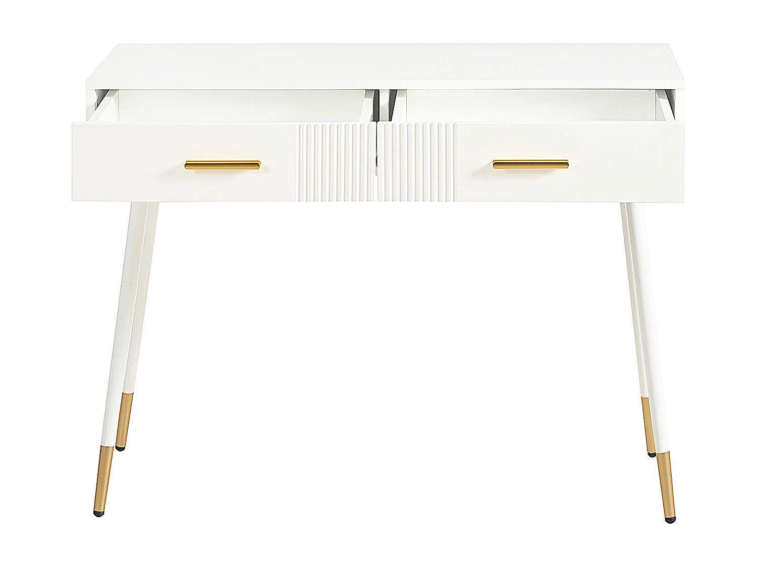 Coiffeuse blanche avec 2 tiroirs de rangement et poignées dorées - pour chambre et salon