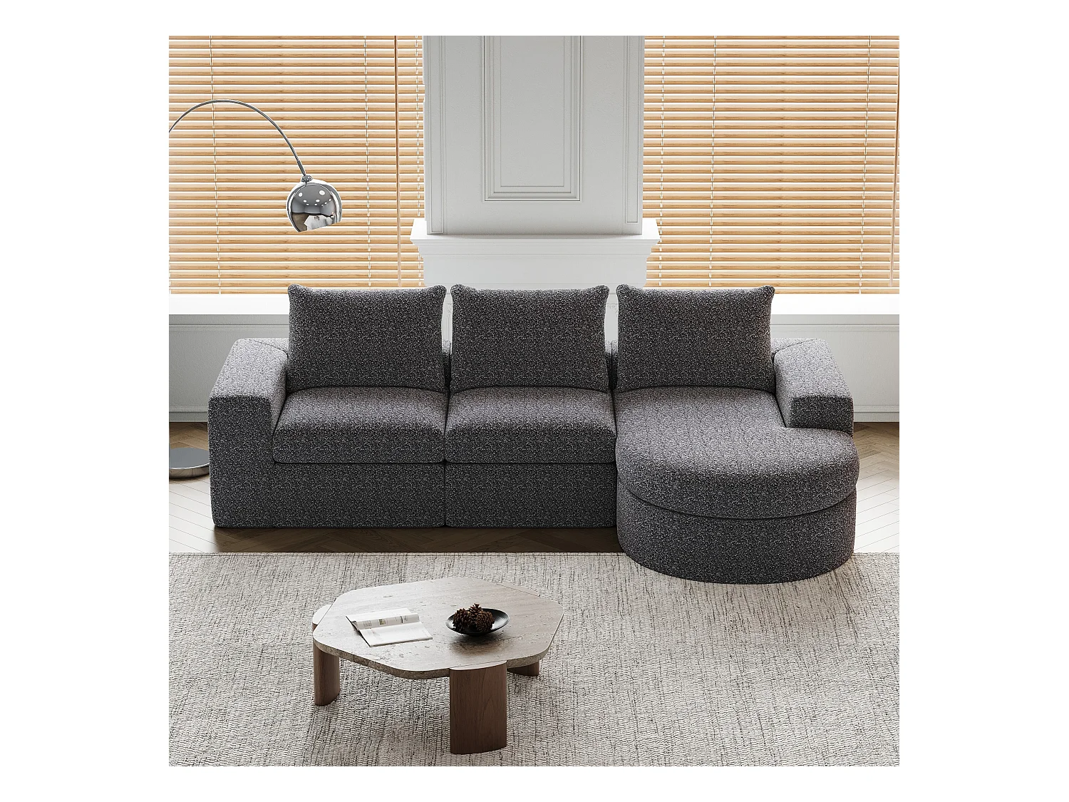 Canapé modulable 3 places en tissu chenille gris avec méridienne arrondie - dossier rembourré