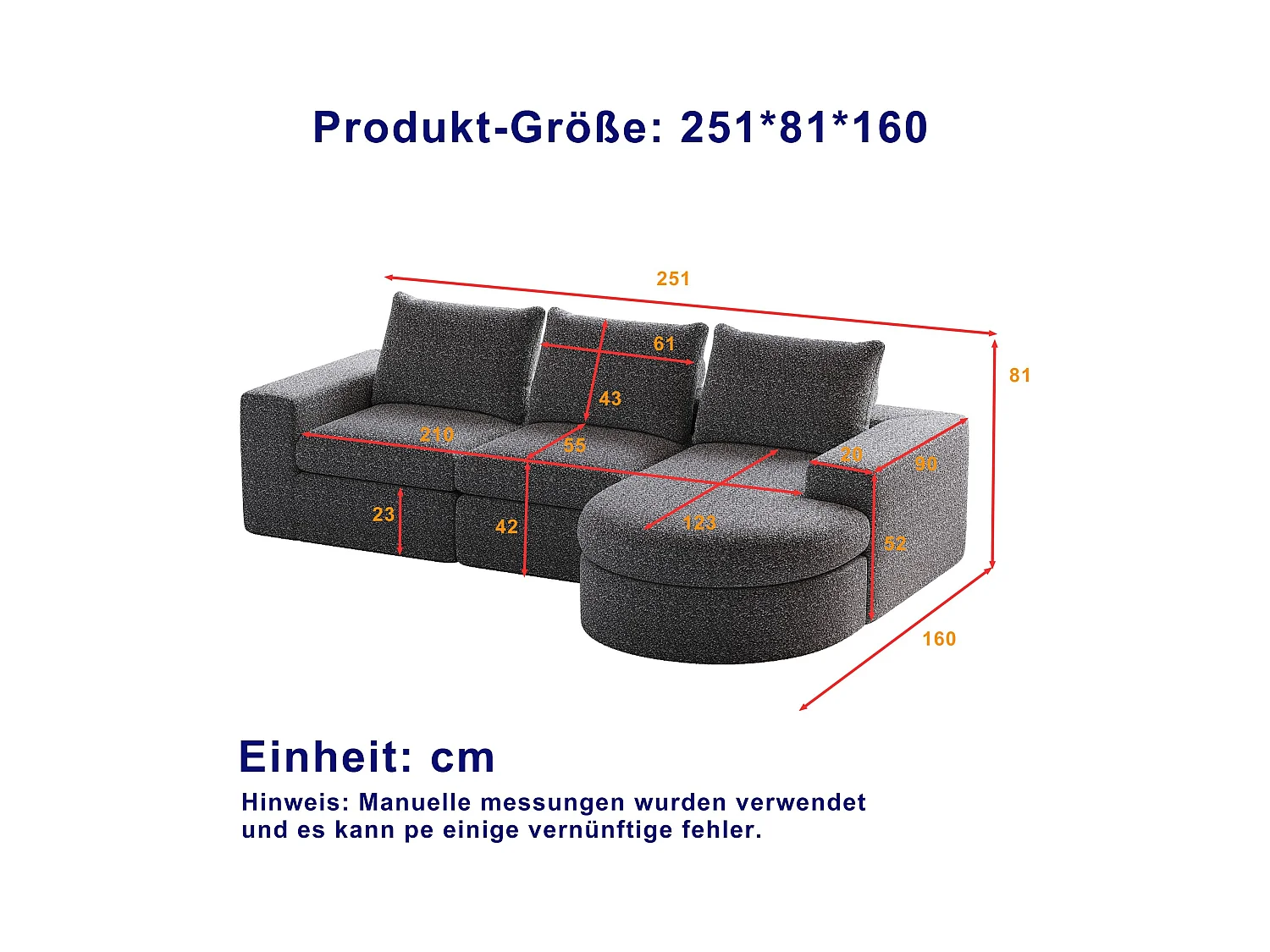Canapé modulable 3 places en tissu chenille gris avec méridienne arrondie - dossier rembourré