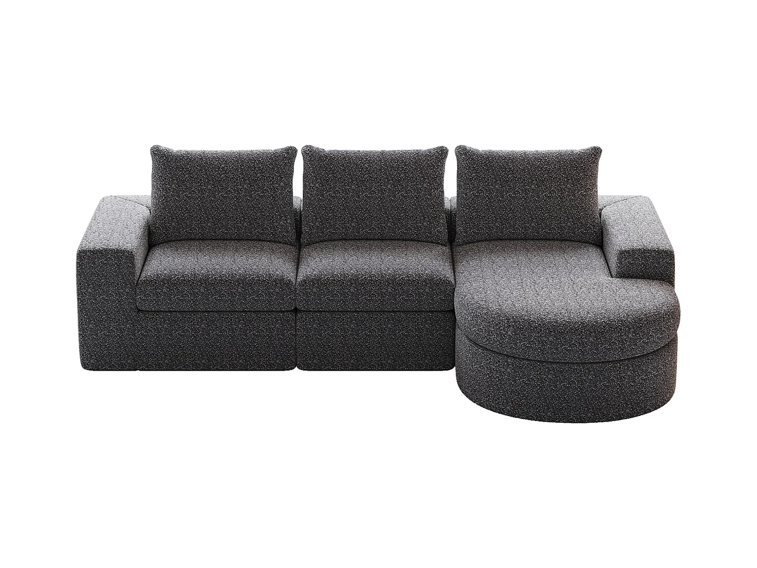 Canapé modulable 3 places en tissu chenille gris avec méridienne arrondie - dossier rembourré