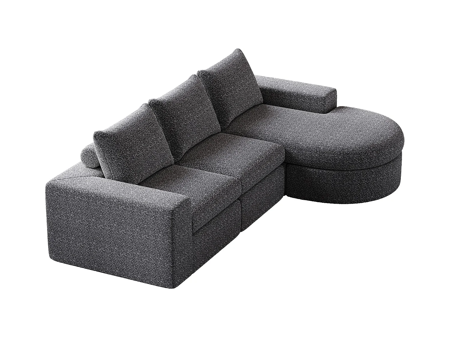 Canapé modulable 3 places en tissu chenille gris avec méridienne arrondie - dossier rembourré