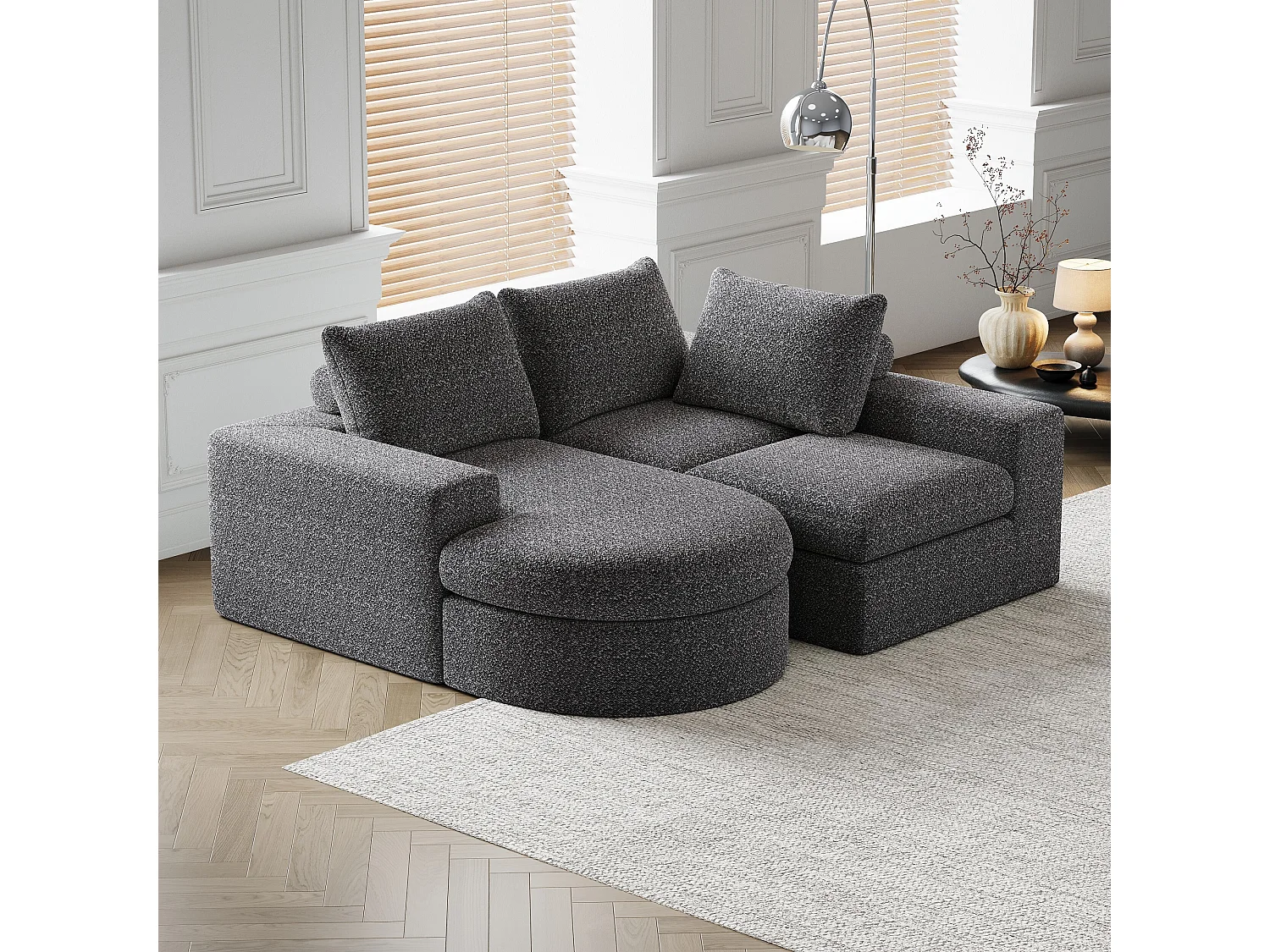 Canapé modulable 3 places en tissu chenille gris avec méridienne arrondie - dossier rembourré