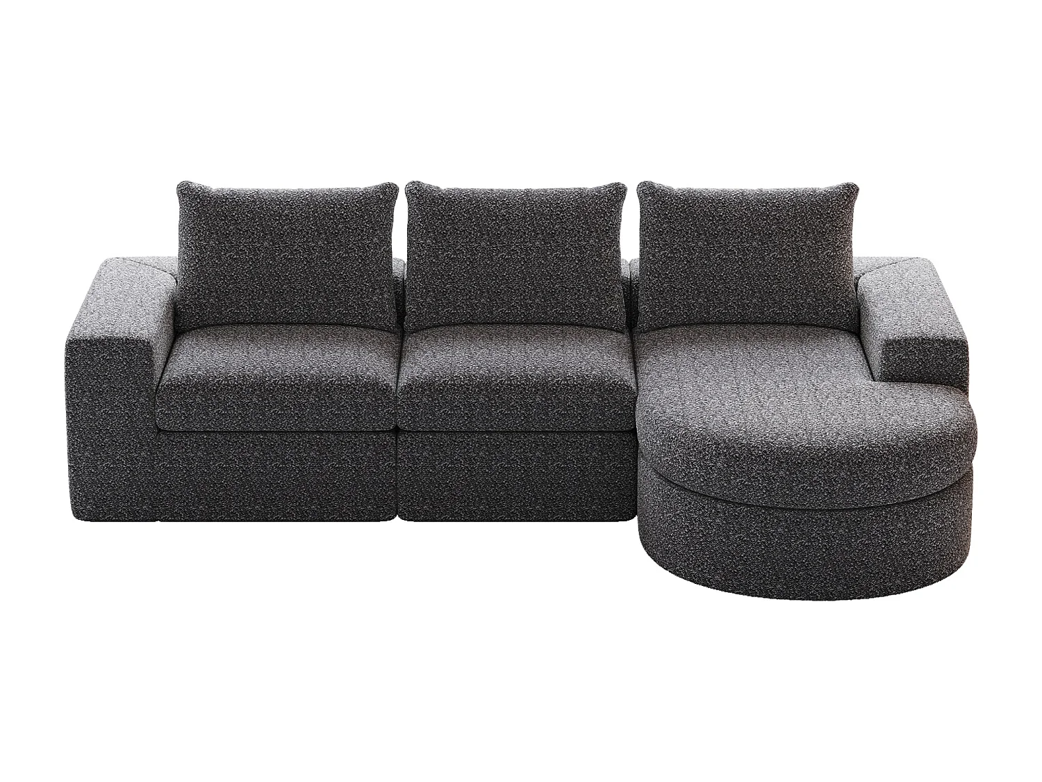 Canapé modulable 3 places en tissu chenille gris avec méridienne arrondie - dossier rembourré