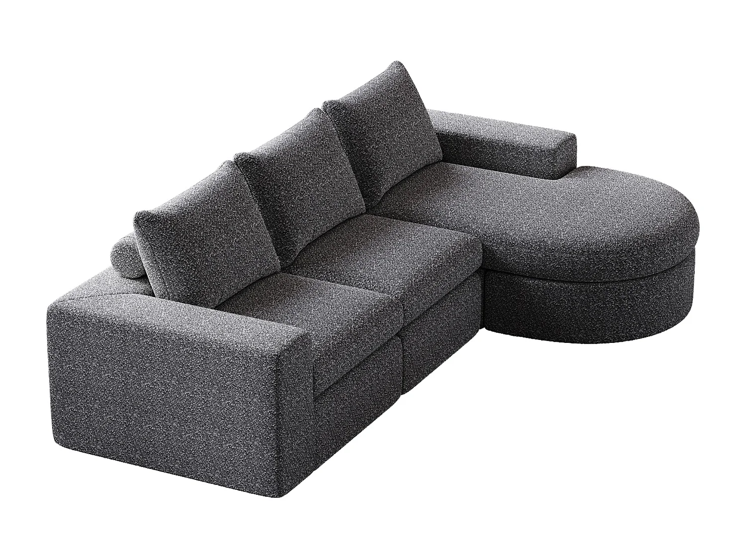 Canapé modulable 3 places en tissu chenille gris avec méridienne arrondie - dossier rembourré