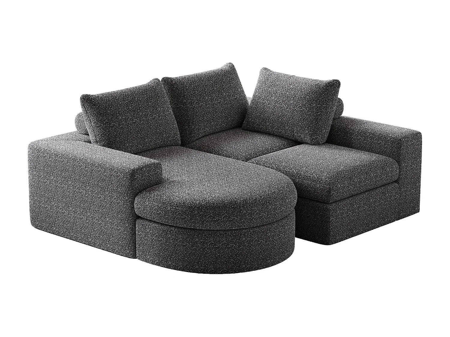 Canapé modulable 3 places en tissu chenille gris avec méridienne arrondie - dossier rembourré