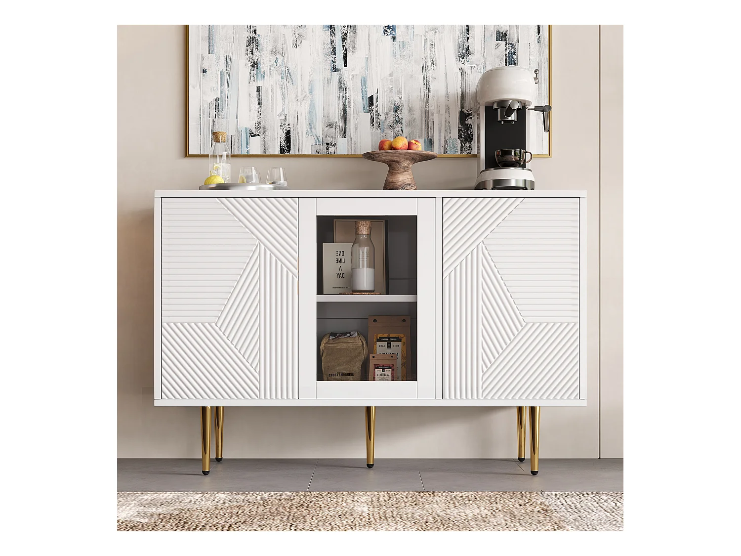 Buffet blanc avec 3 portes de rangement et pieds en métal - pour salon et salle à manger