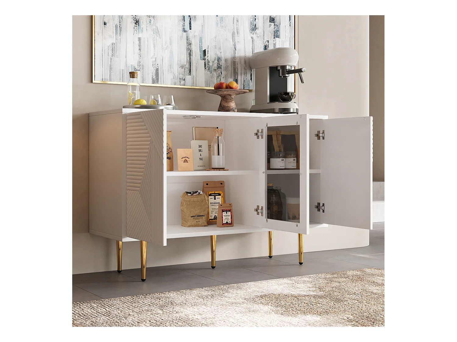 Buffet blanc avec 3 portes de rangement et pieds en métal - pour salon et salle à manger