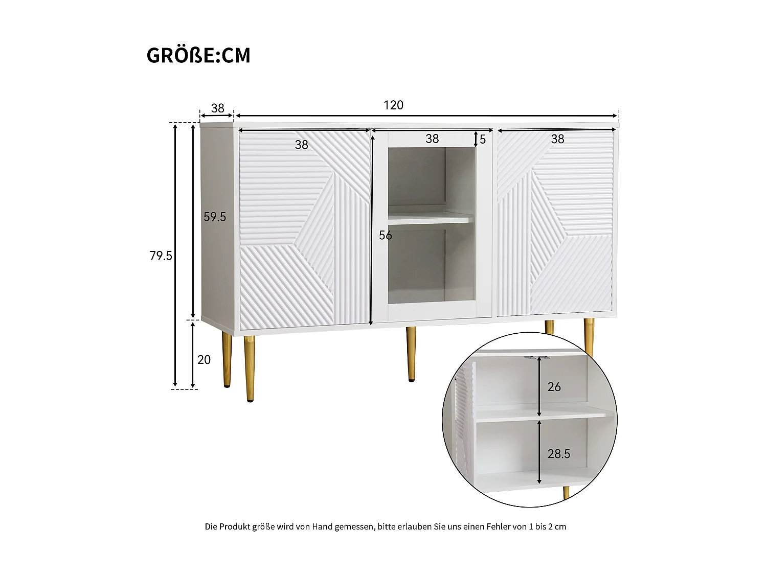 Credenza bianca con 3 ante e gambe in metallo - adatta a soggiorno e sala da pranzo