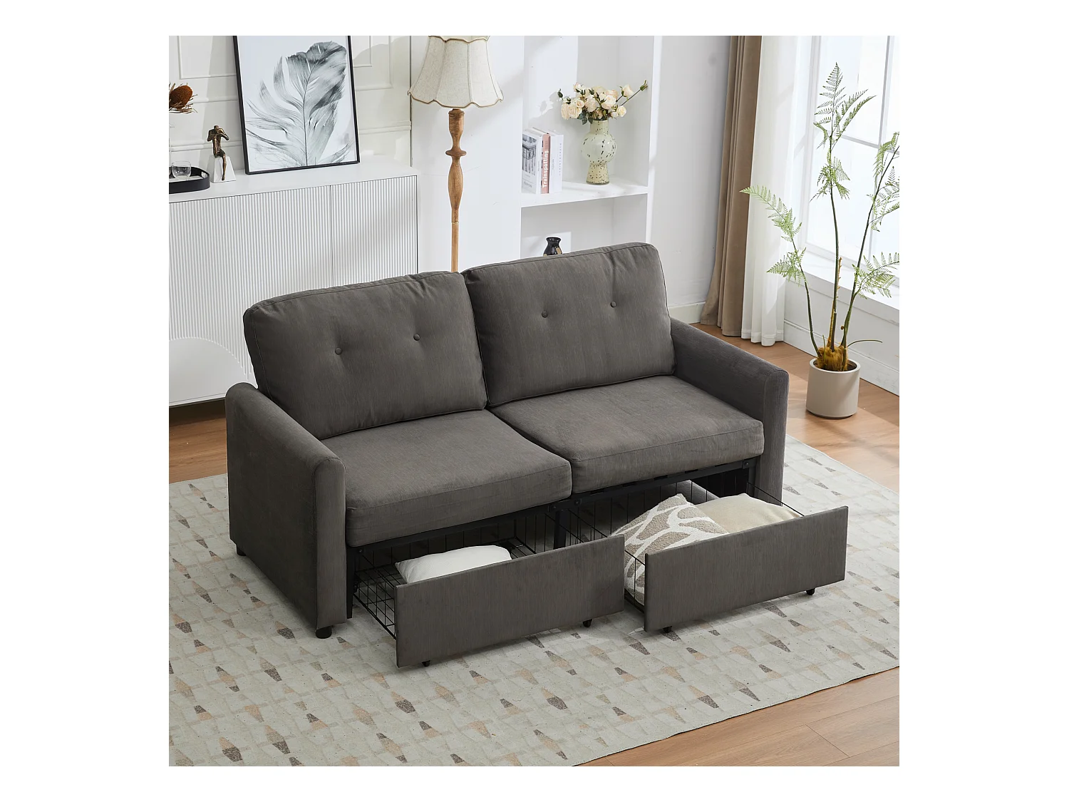 Canapé 2 places en tissu gris foncé avec 2 tiroirs de rangement - Style moderne