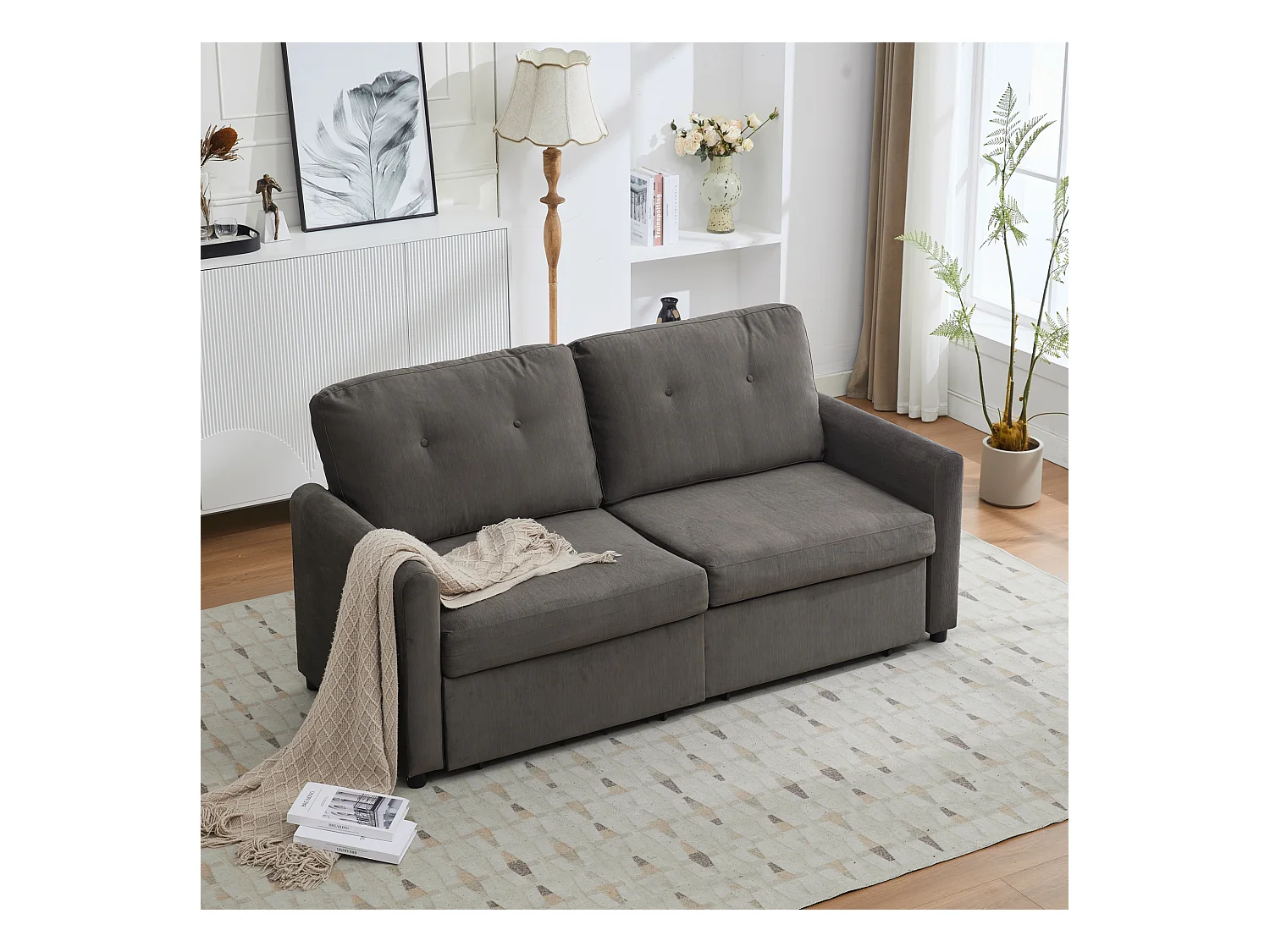 Canapé 2 places en tissu gris foncé avec 2 tiroirs de rangement - Style moderne