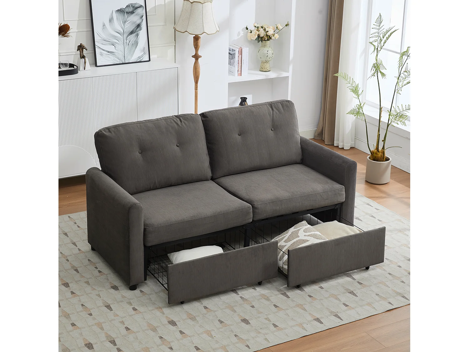 Canapé 2 places en tissu gris foncé avec 2 tiroirs de rangement - Style moderne