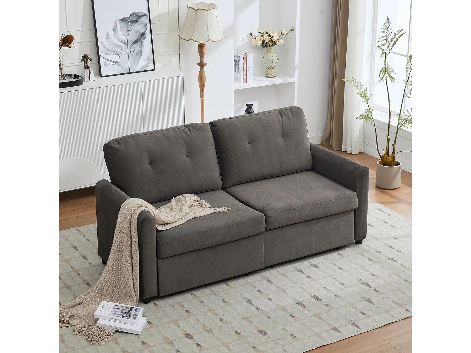 Canapé 2 places en tissu gris foncé avec 2 tiroirs de rangement - Style moderne