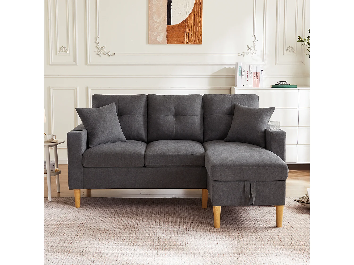 3-osobowa sofa narożna ze schowkiem, poduszkami i uchwytami na kubki – ciemnoszara bawełna i len