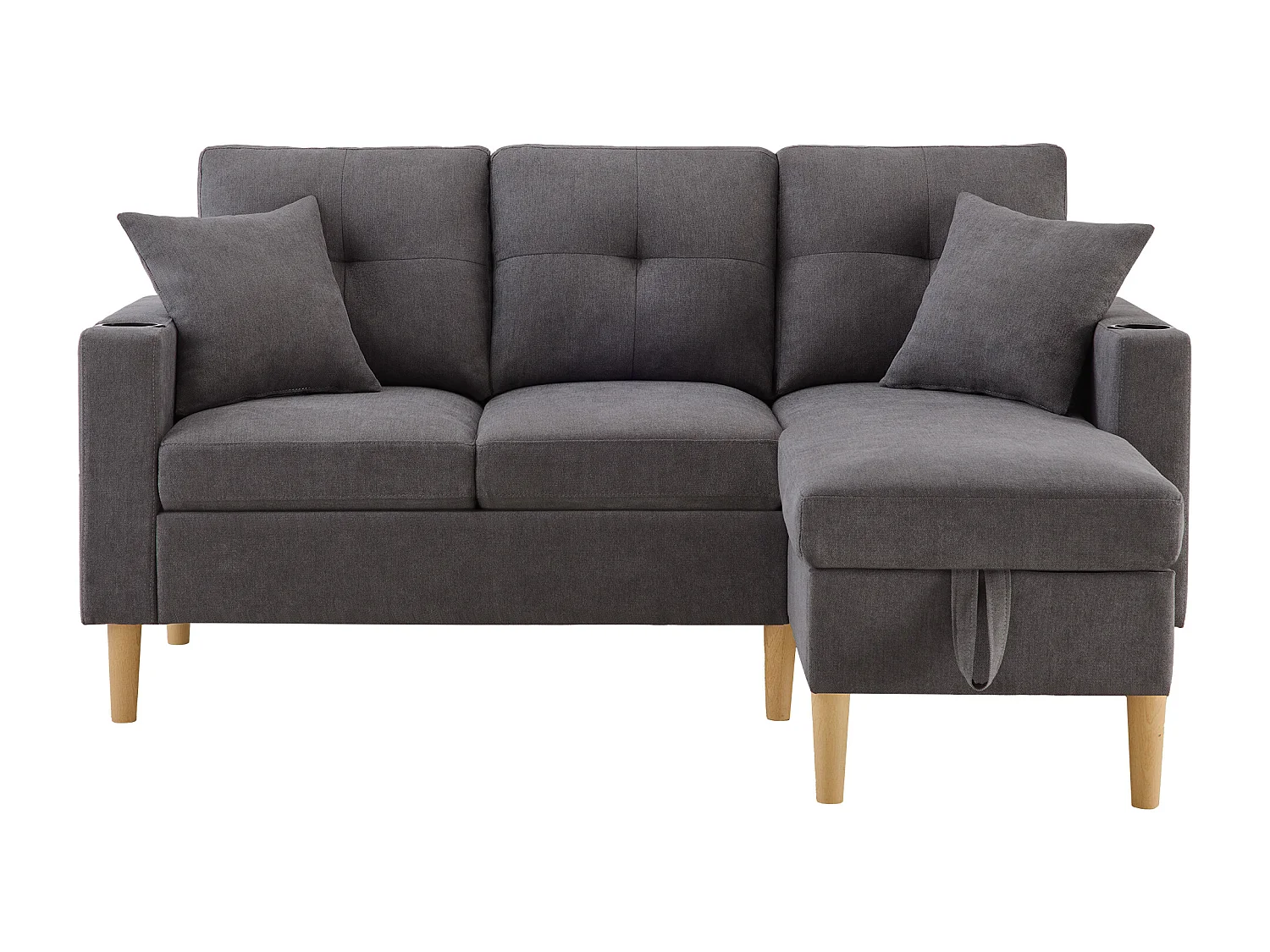 3-osobowa sofa narożna ze schowkiem, poduszkami i uchwytami na kubki – ciemnoszara bawełna i len