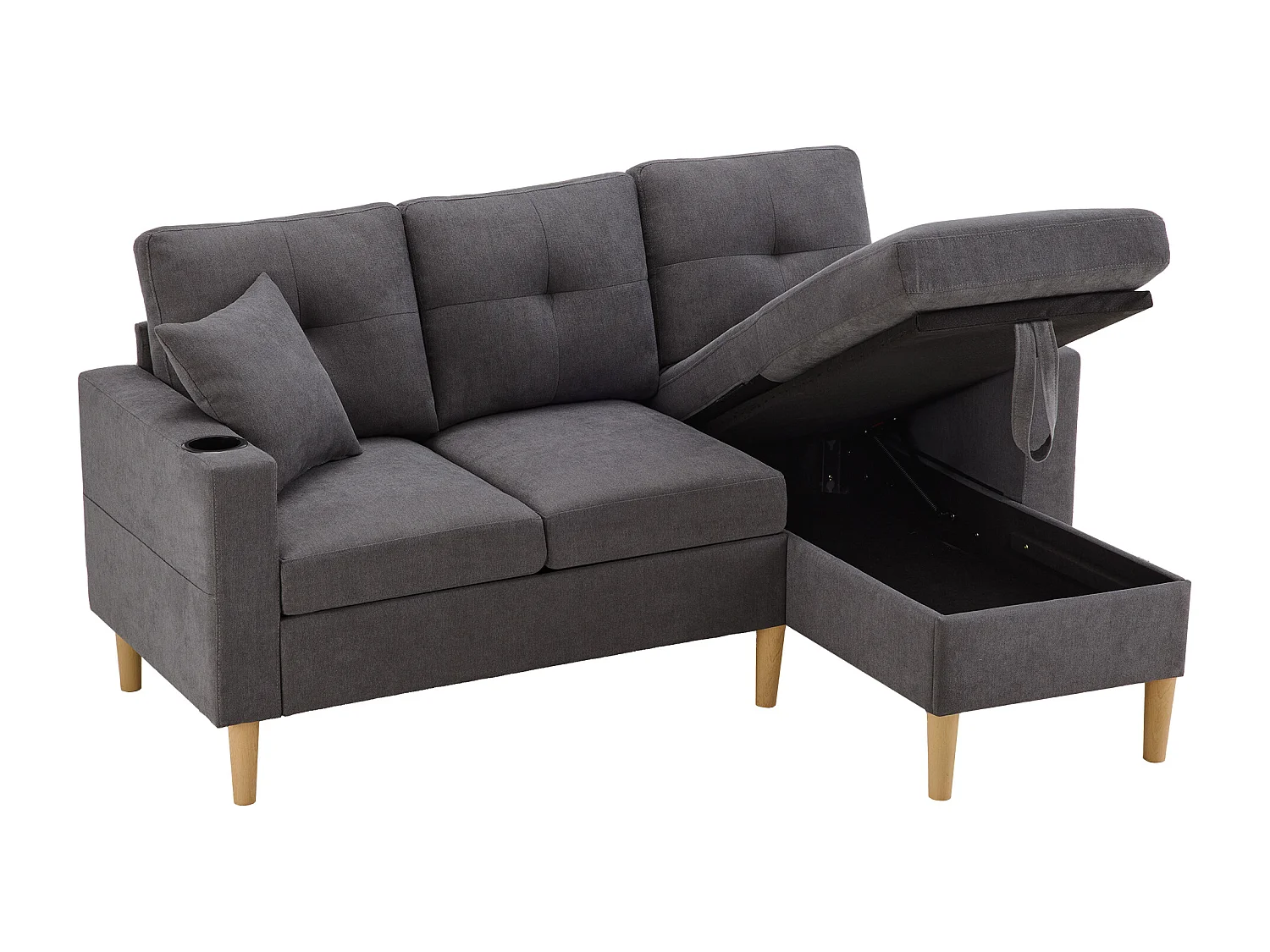 3-osobowa sofa narożna ze schowkiem, poduszkami i uchwytami na kubki – ciemnoszara bawełna i len