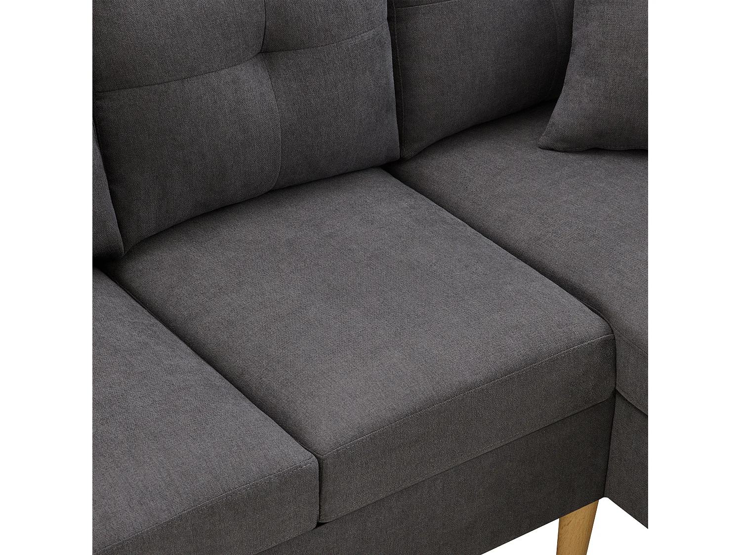 3-osobowa sofa narożna ze schowkiem, poduszkami i uchwytami na kubki – ciemnoszara bawełna i len