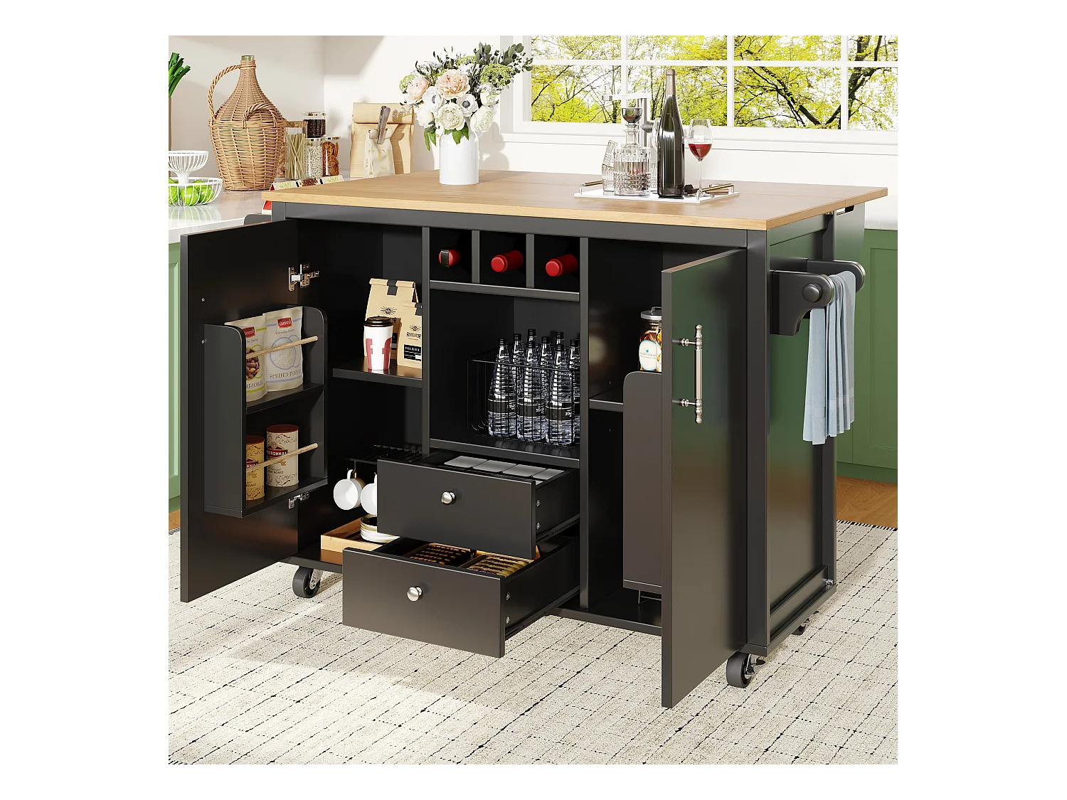 Desserte de cuisine mobile avec plan de travail pliable, espace de rangement, porte-bouteilles - noir