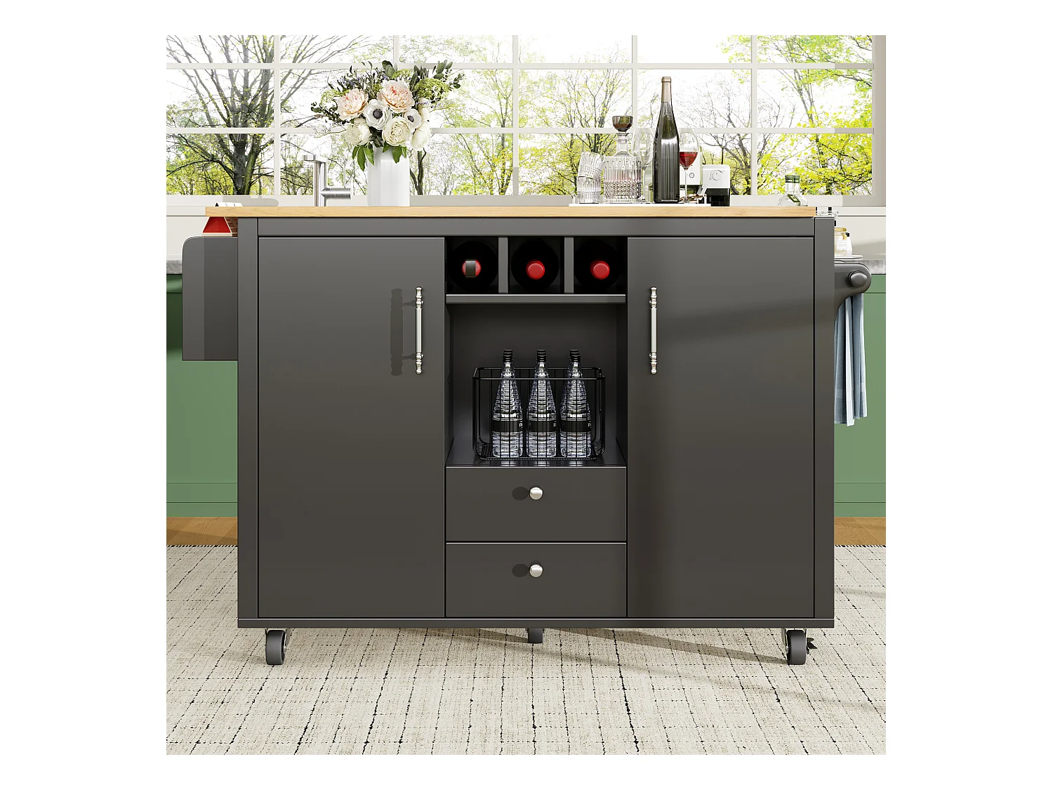 Desserte de cuisine mobile avec plan de travail pliable, espace de rangement, porte-bouteilles - noir