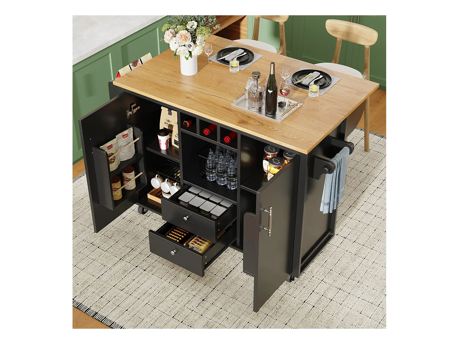 Desserte de cuisine mobile avec plan de travail pliable, espace de rangement, porte-bouteilles - noir