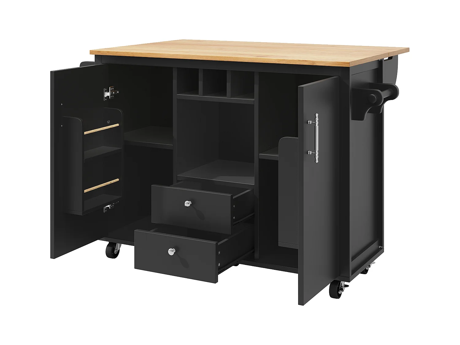 Desserte de cuisine mobile avec plan de travail pliable, espace de rangement, porte-bouteilles - noir