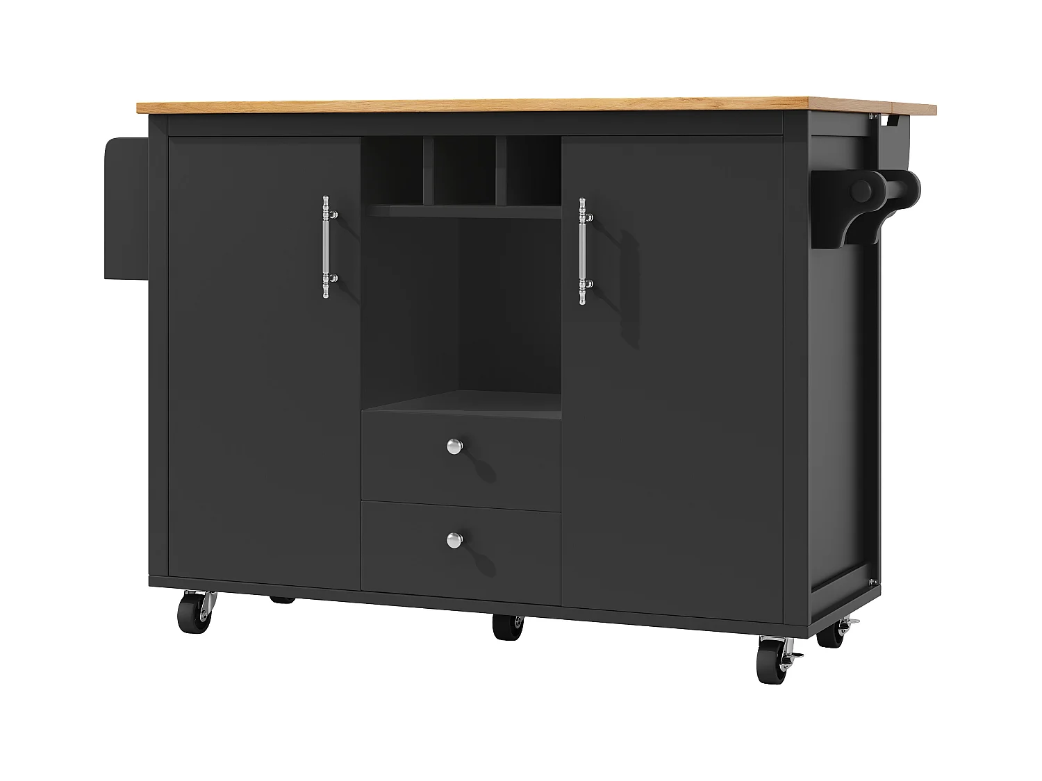 Desserte de cuisine mobile avec plan de travail pliable, espace de rangement, porte-bouteilles - noir