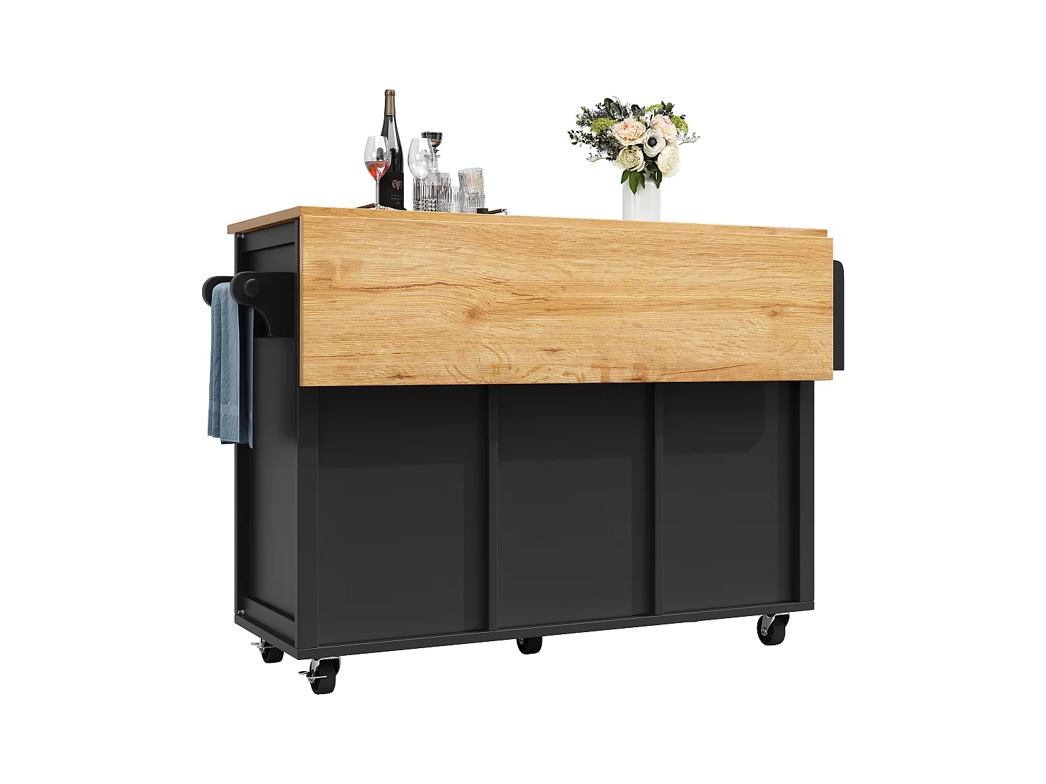 Desserte de cuisine mobile avec plan de travail pliable, espace de rangement, porte-bouteilles - noir