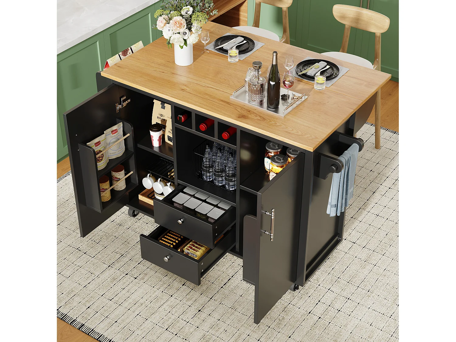 Carrello da cucina mobile con piano di lavoro pieghevole, spazio di stoccaggio e portabottiglie - nero