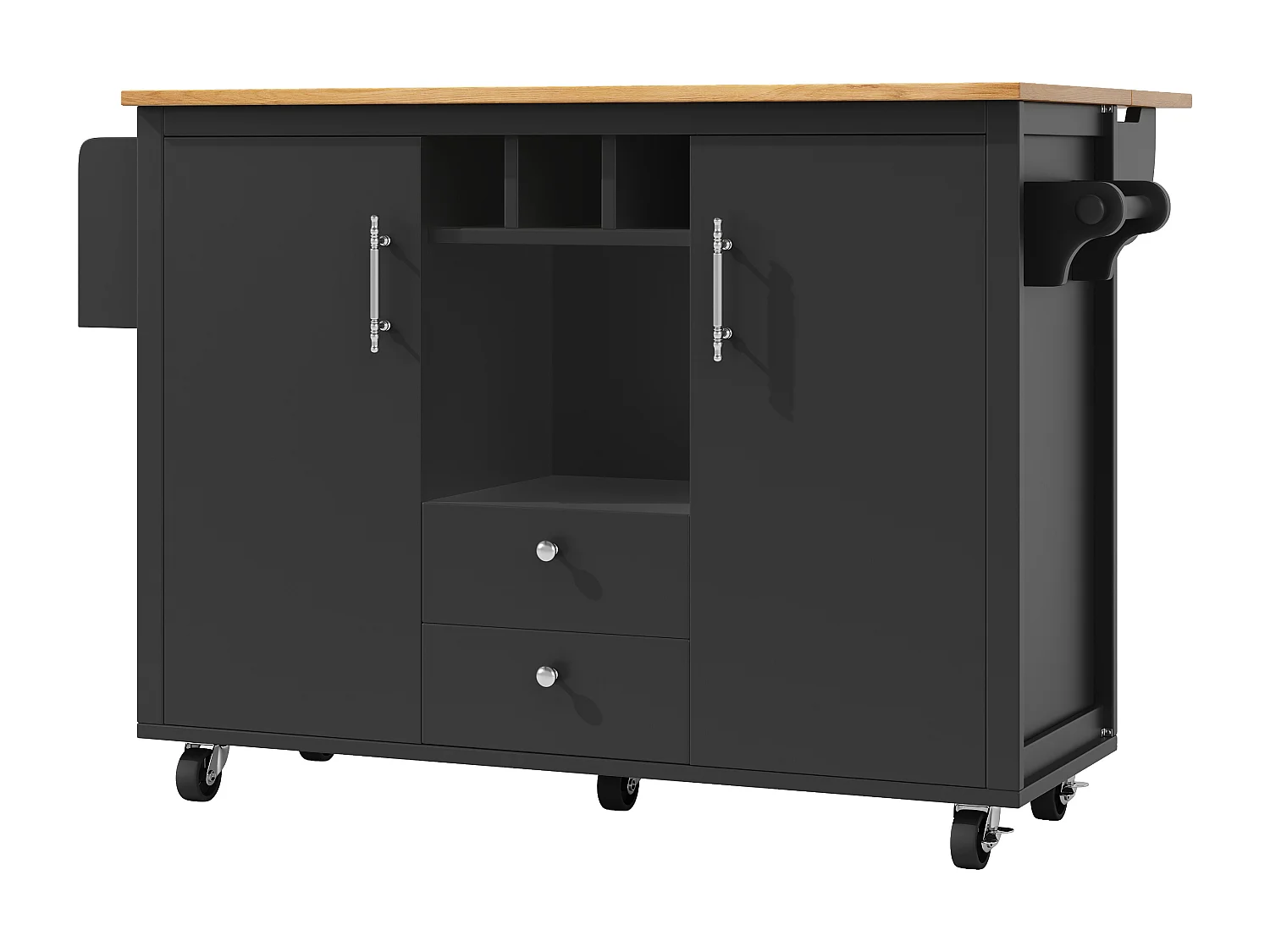 Carrello da cucina mobile con piano di lavoro pieghevole, spazio di stoccaggio e portabottiglie - nero