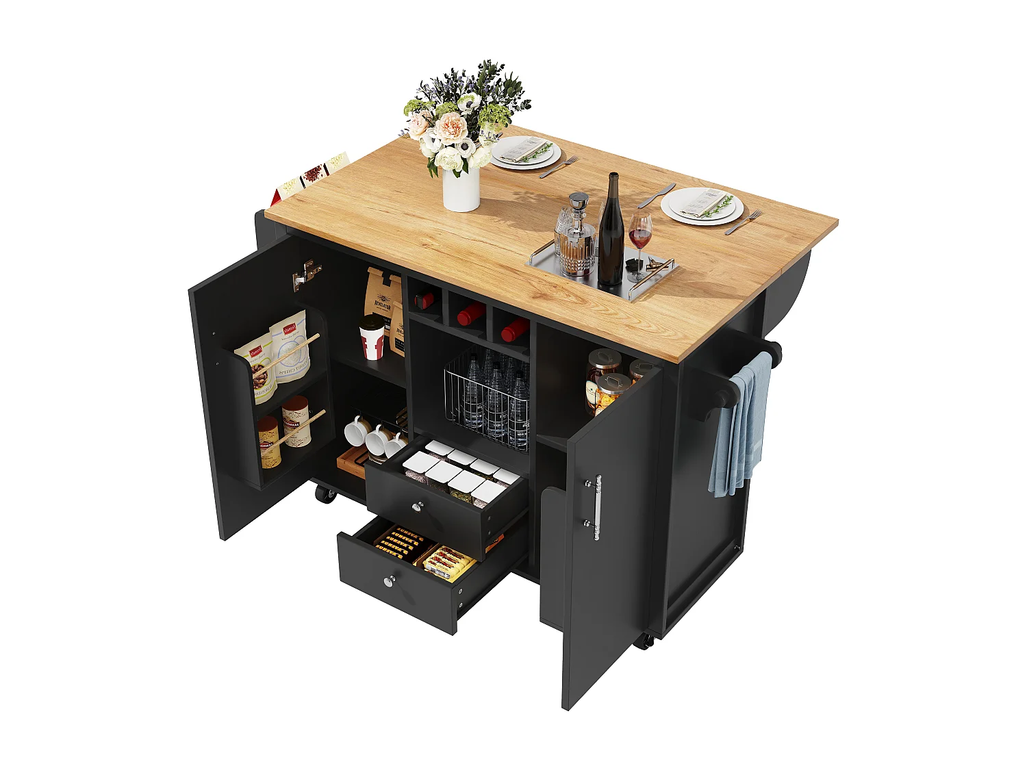 Carrello da cucina mobile con piano di lavoro pieghevole, spazio di stoccaggio e portabottiglie - nero