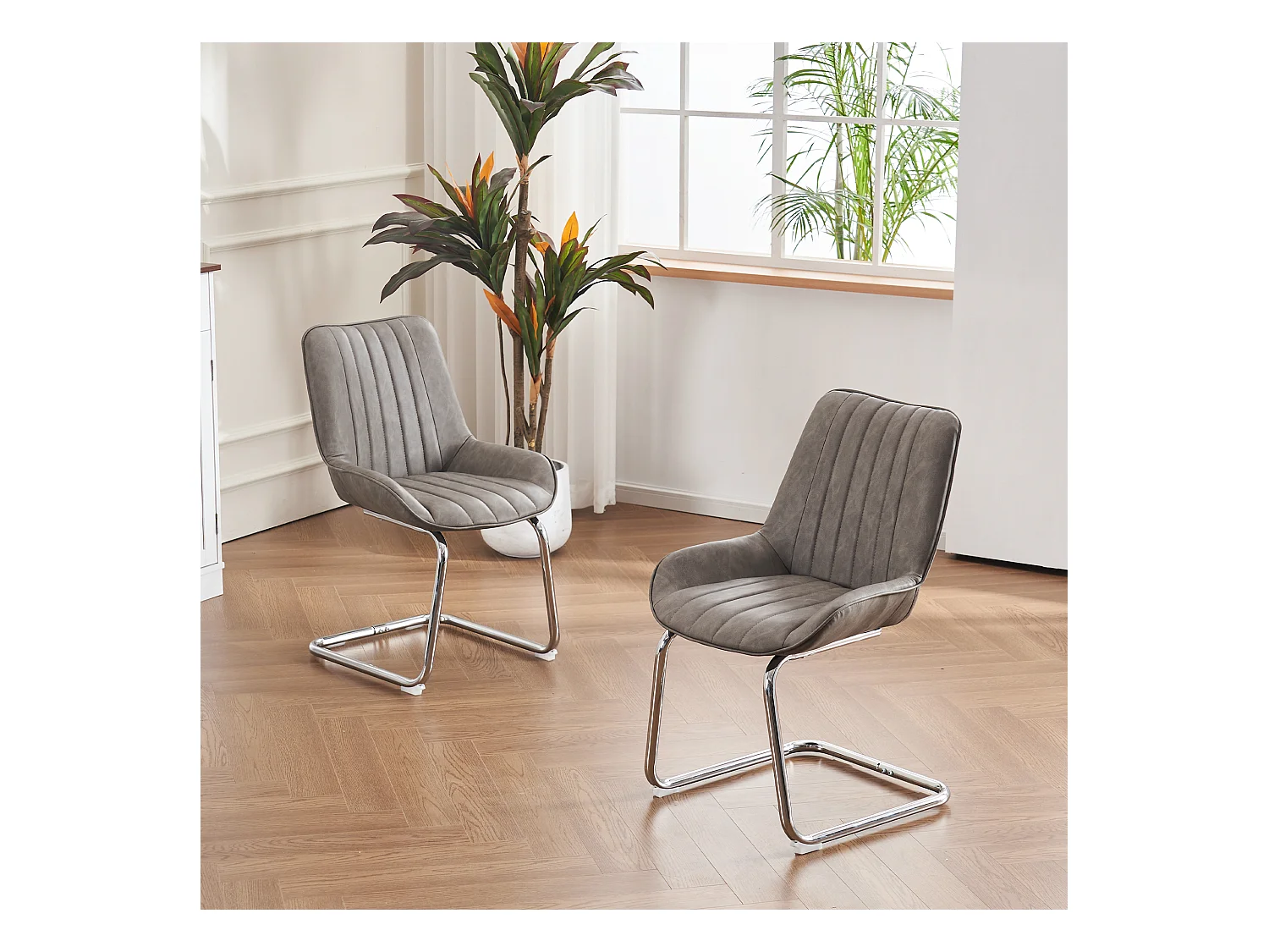 Set van 2 eetkamerstoelen met gestoffeerde rugleuningen en zilverkleurige metalen poten - Grijs PU