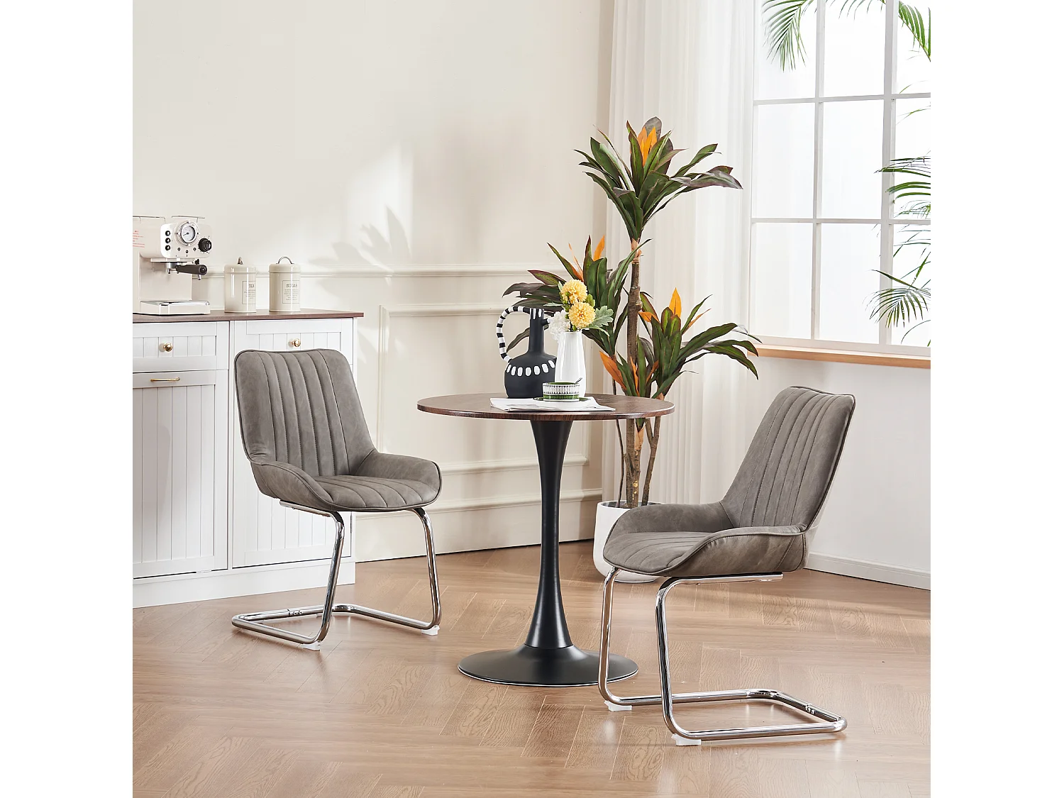 Set van 2 eetkamerstoelen met gestoffeerde rugleuningen en zilverkleurige metalen poten - Grijs PU