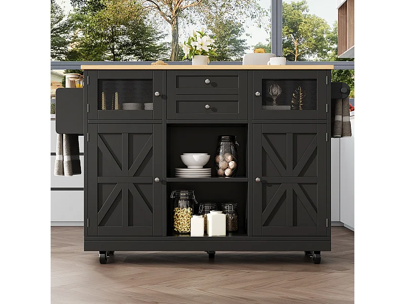Desserte de cuisine noir avec plan de travail en bois, porte-serviettes et étagères réglables