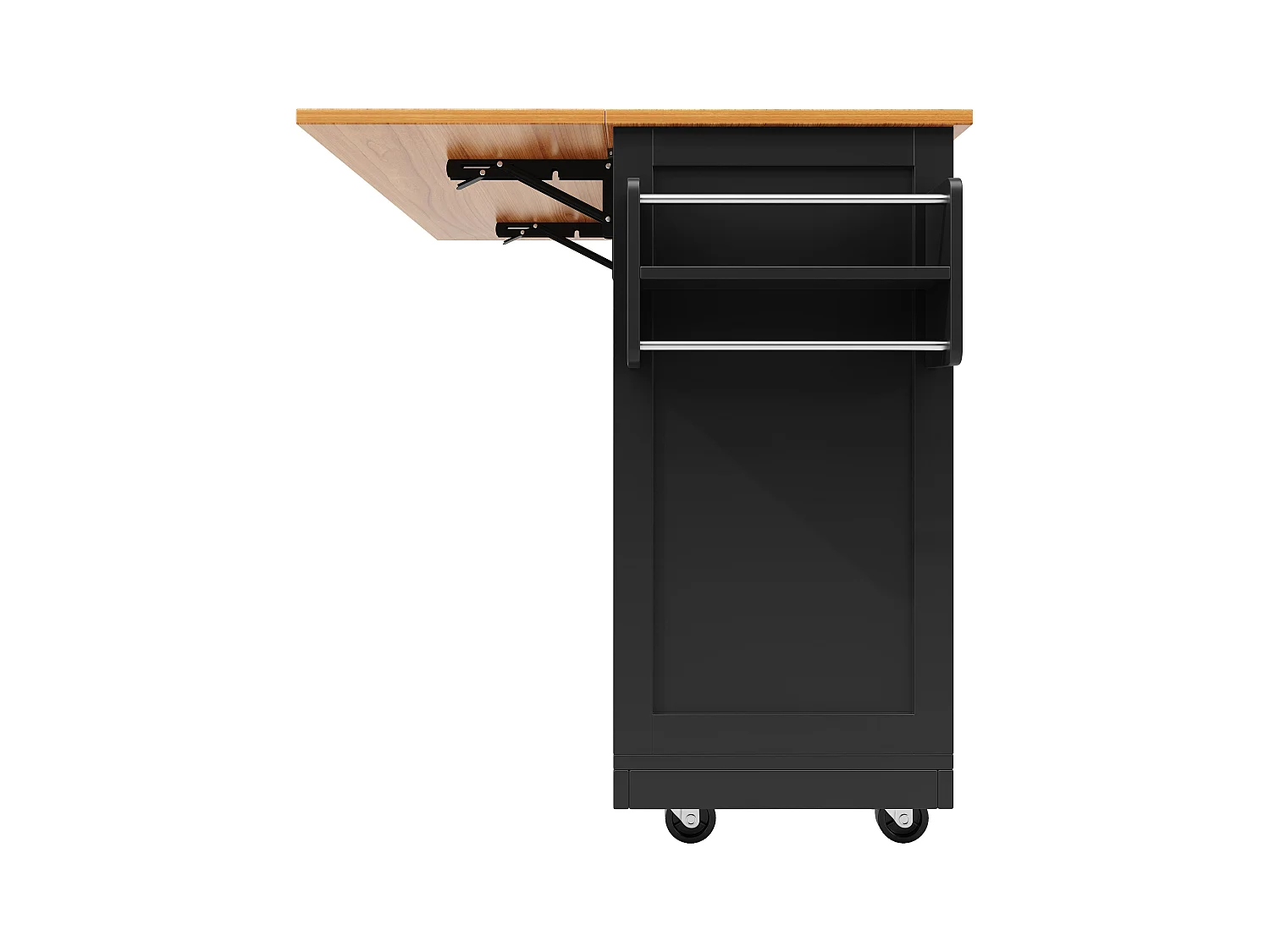 Desserte de cuisine noir avec plan de travail en bois, porte-serviettes et étagères réglables