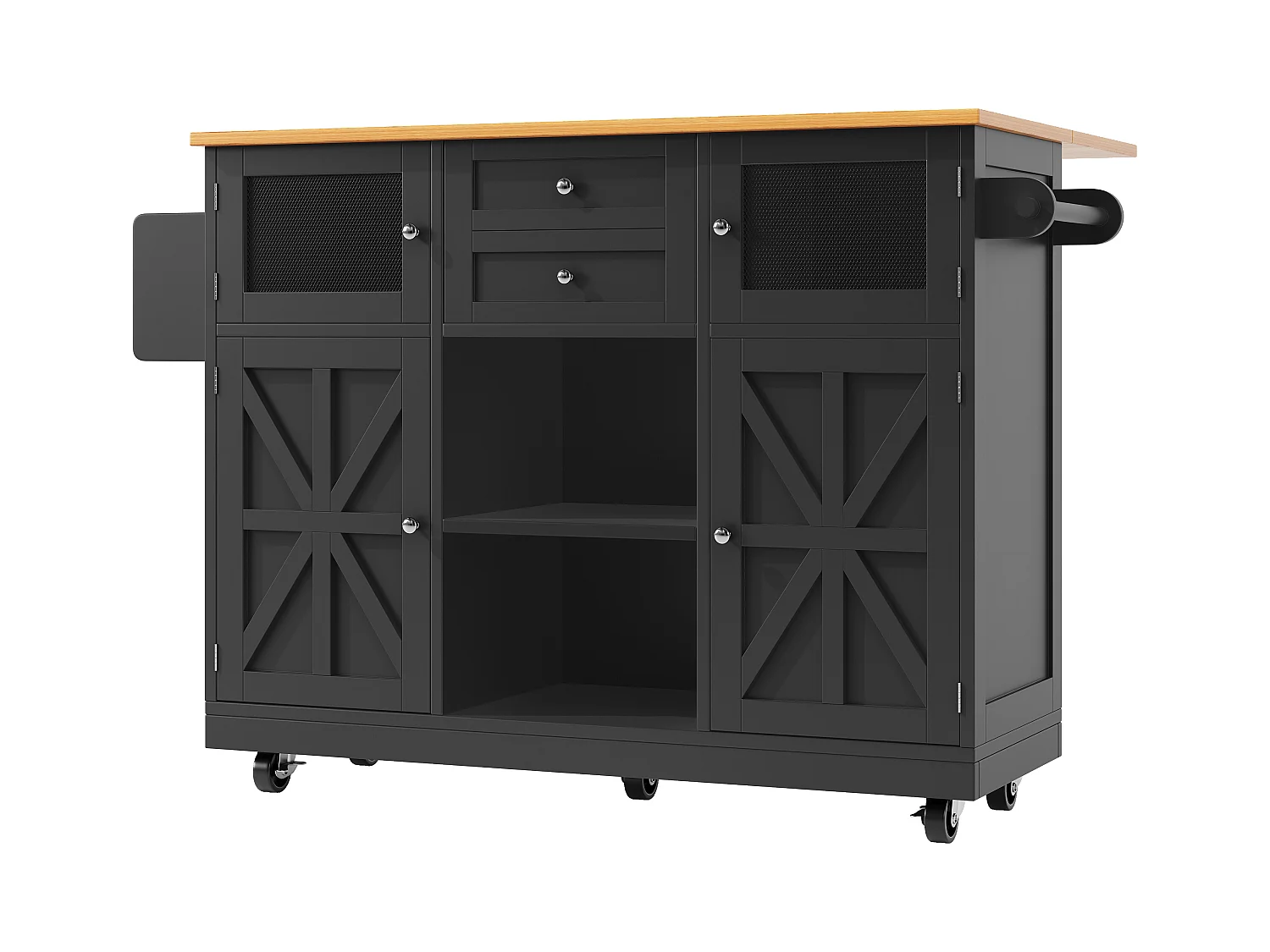 Desserte de cuisine noir avec plan de travail en bois, porte-serviettes et étagères réglables