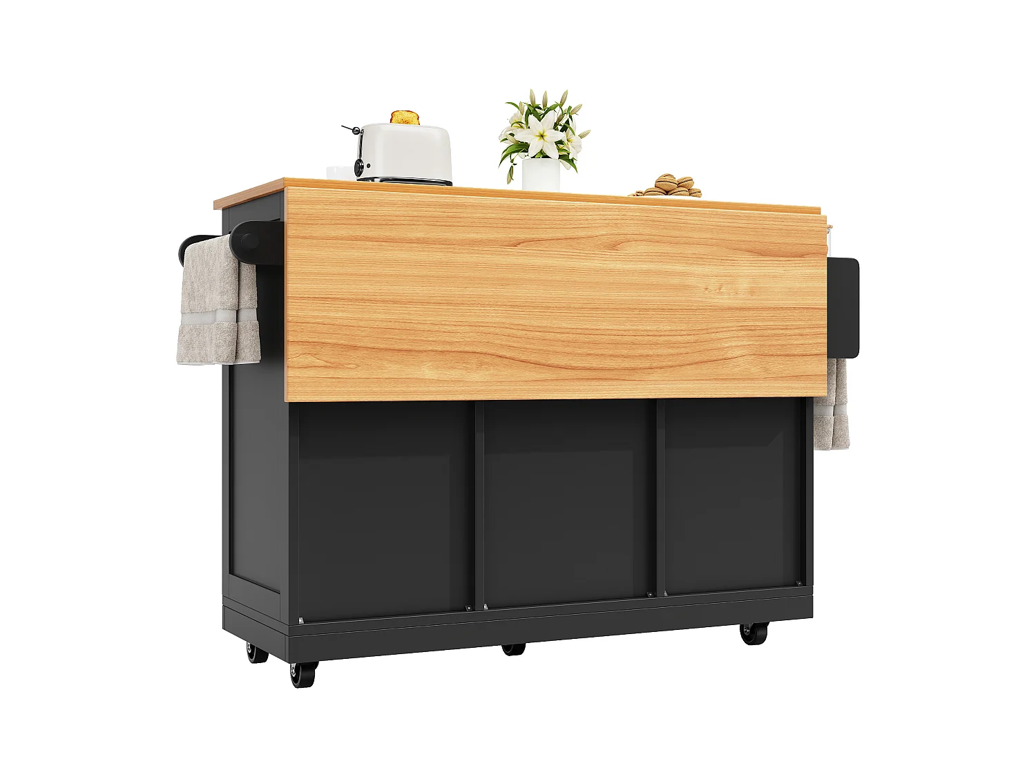 Desserte de cuisine noir avec plan de travail en bois, porte-serviettes et étagères réglables