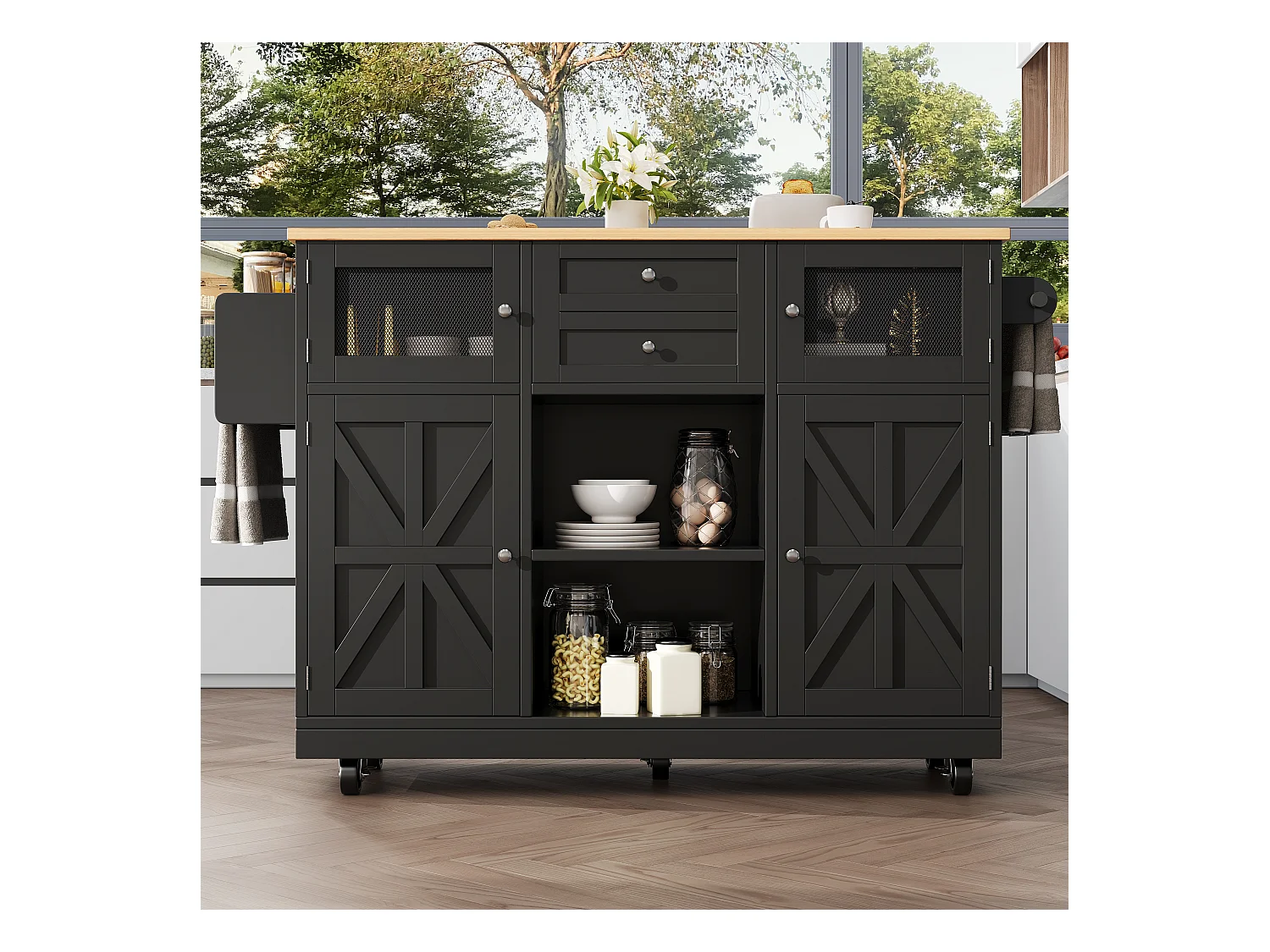 Desserte de cuisine noir avec plan de travail en bois, porte-serviettes et étagères réglables