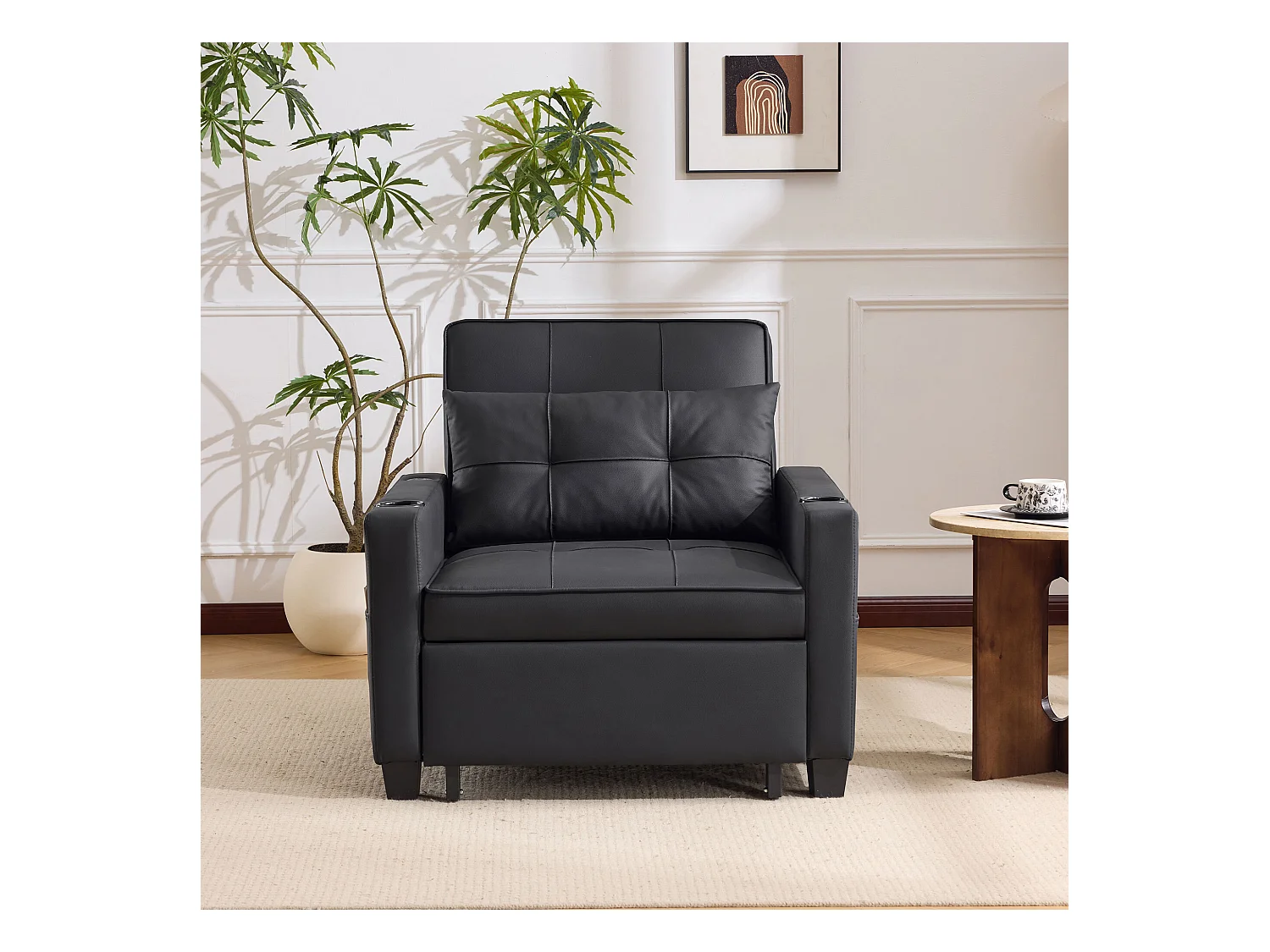 Canapé 1 place en similicuir noir avec port USB et porte-gobelet -Convertible en lit ou chaise longue