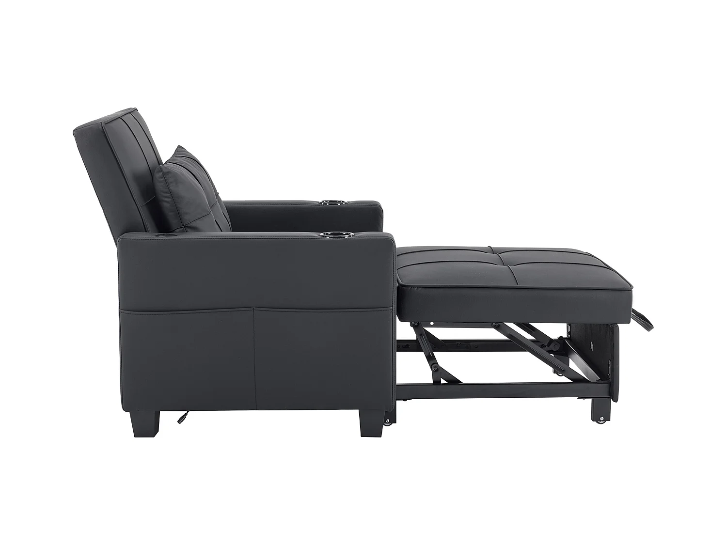 Canapé 1 place en similicuir noir avec port USB et porte-gobelet -Convertible en lit ou chaise longue
