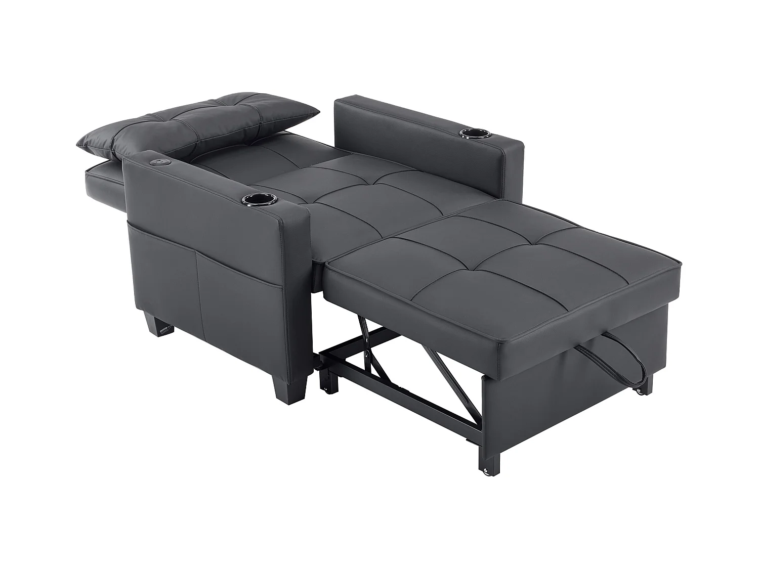 Canapé 1 place en similicuir noir avec port USB et porte-gobelet -Convertible en lit ou chaise longue