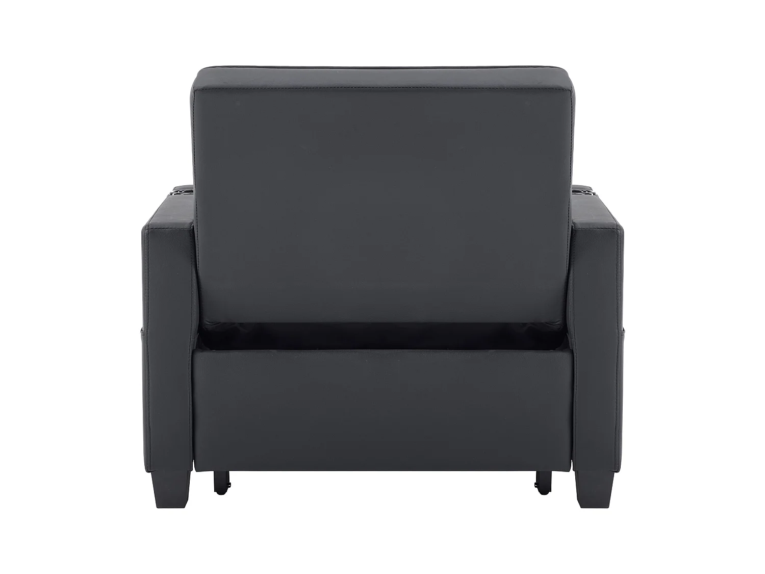 Canapé 1 place en similicuir noir avec port USB et porte-gobelet -Convertible en lit ou chaise longue