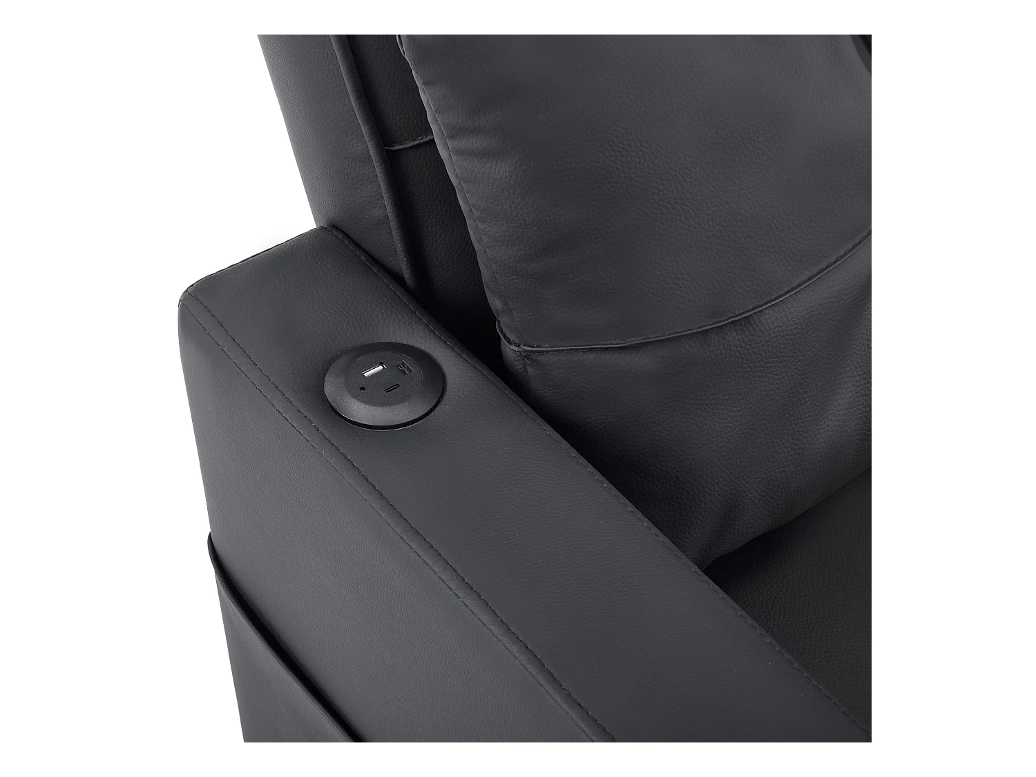Canapé 1 place en similicuir noir avec port USB et porte-gobelet -Convertible en lit ou chaise longue