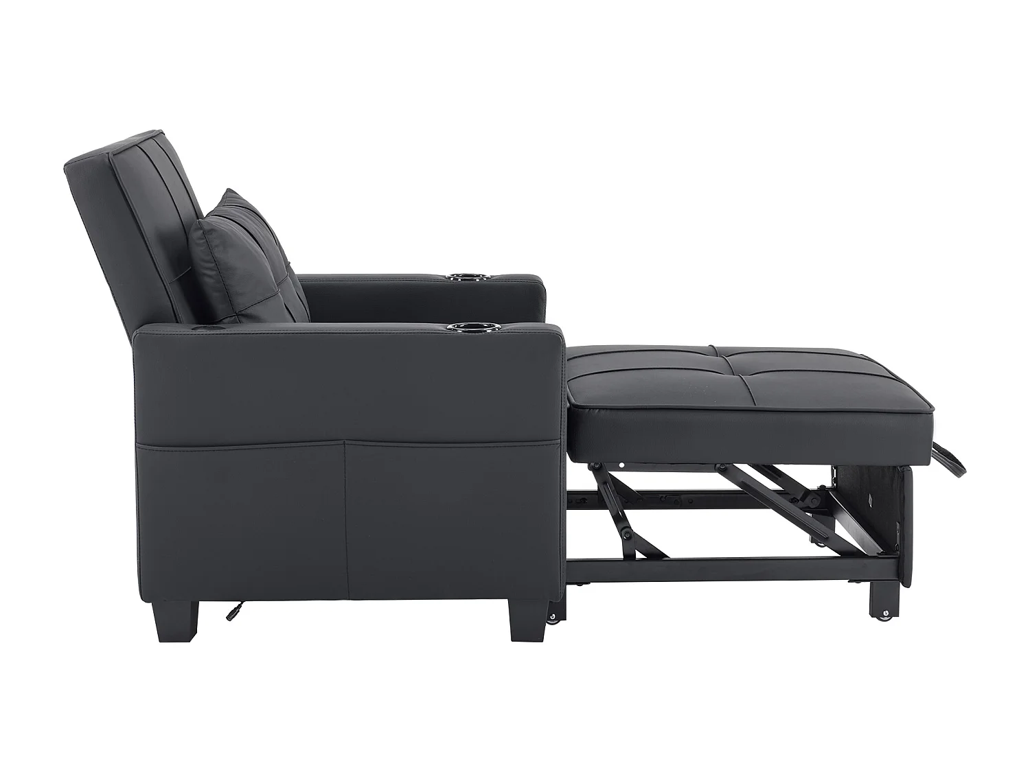 1-Sitzer Sofa aus schwarzem Kunstleder mit USB-Anschluss und Becherhalter - Umwandelbar in Bett oder Chaiselongue